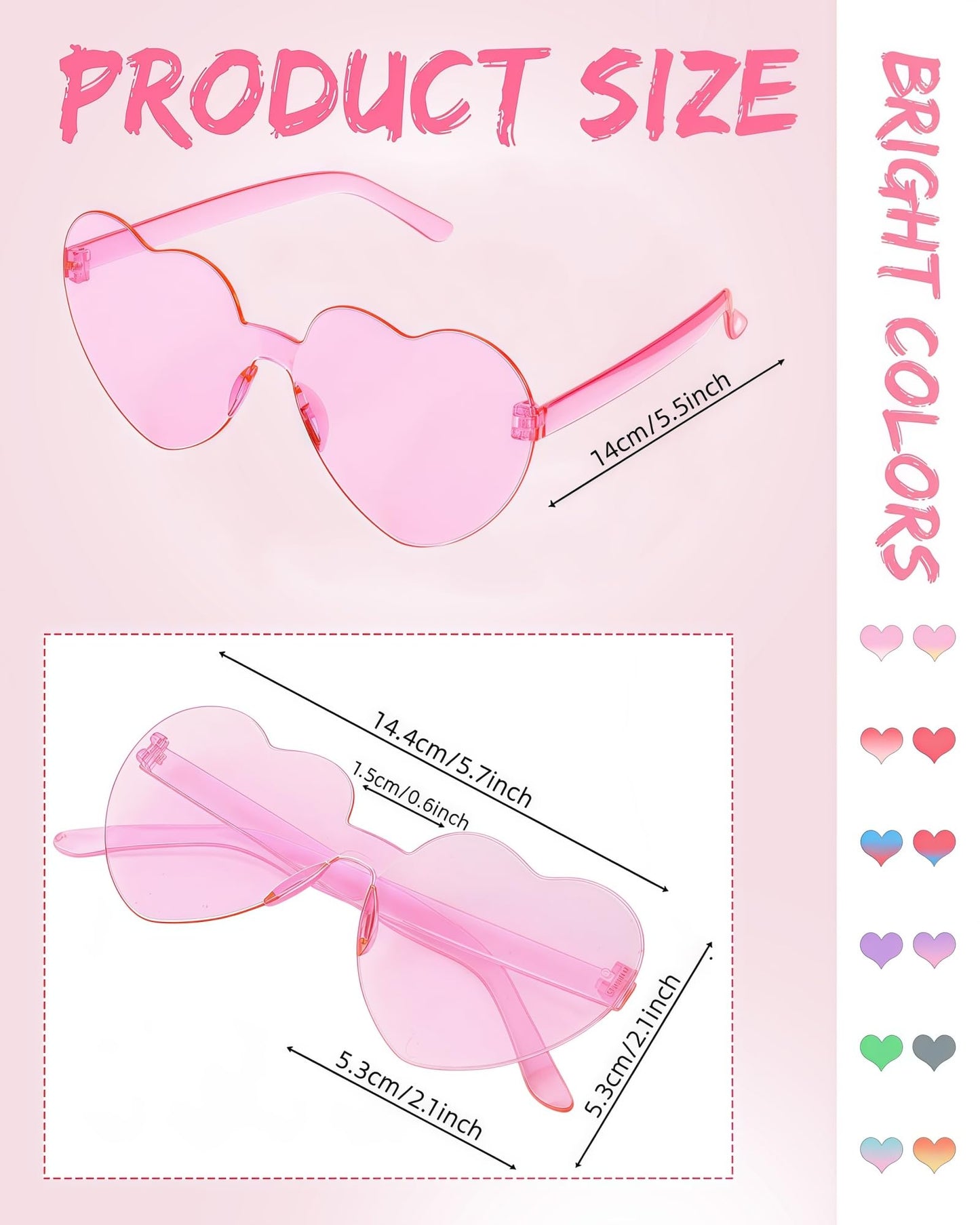 ZHANGBY 15 Pairs Heart Sunglasses for Women Heart Glasses Frameless Trendy Transparent Candy Color Party Sunglasses(Pink)