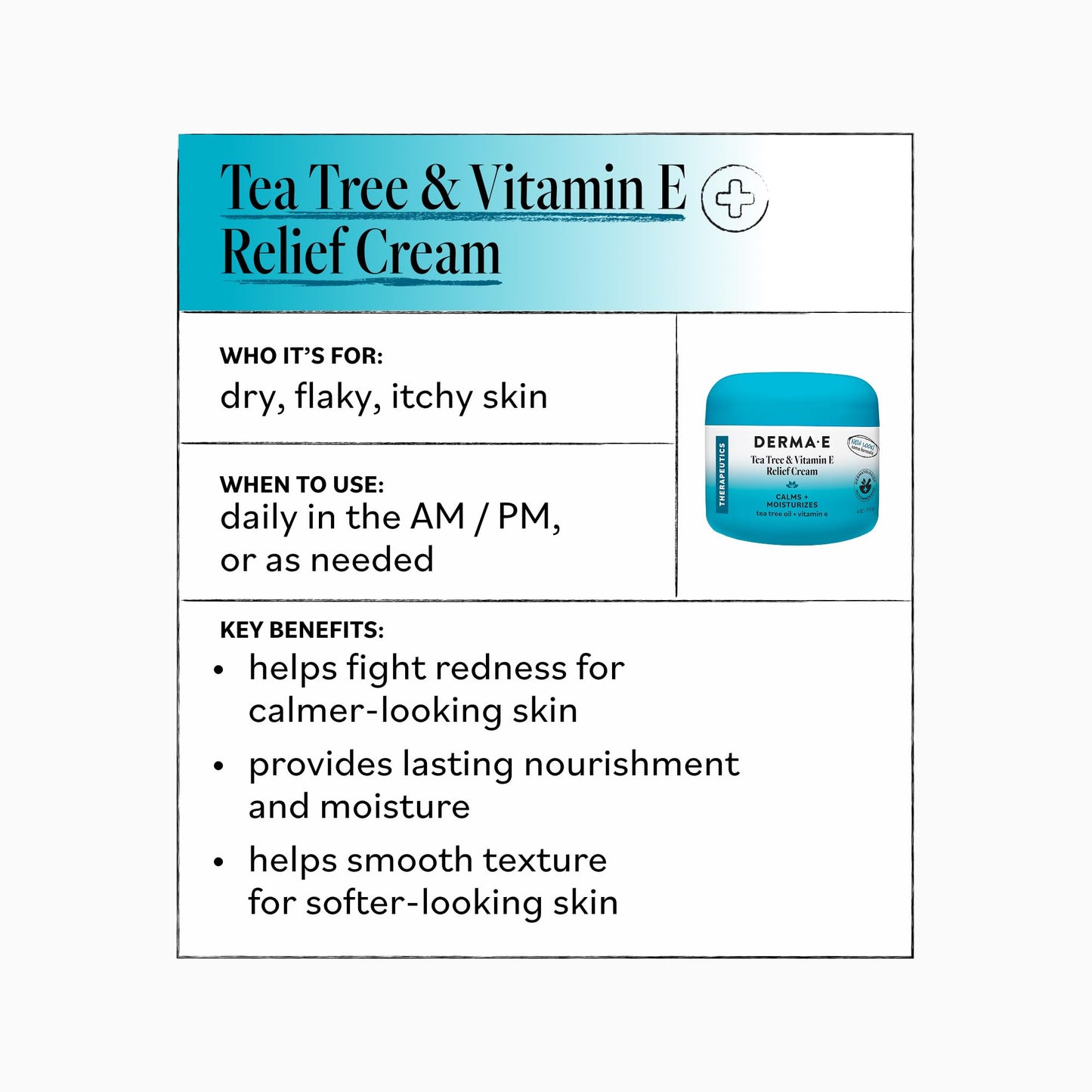 Derma E Tea Tree and Vitamin E Relief Cream - Deeply Moisturizing Tea Tree Lotion - Vitamin E Cream Soothes, Calms and Nourishes Dry, Irritated Skin