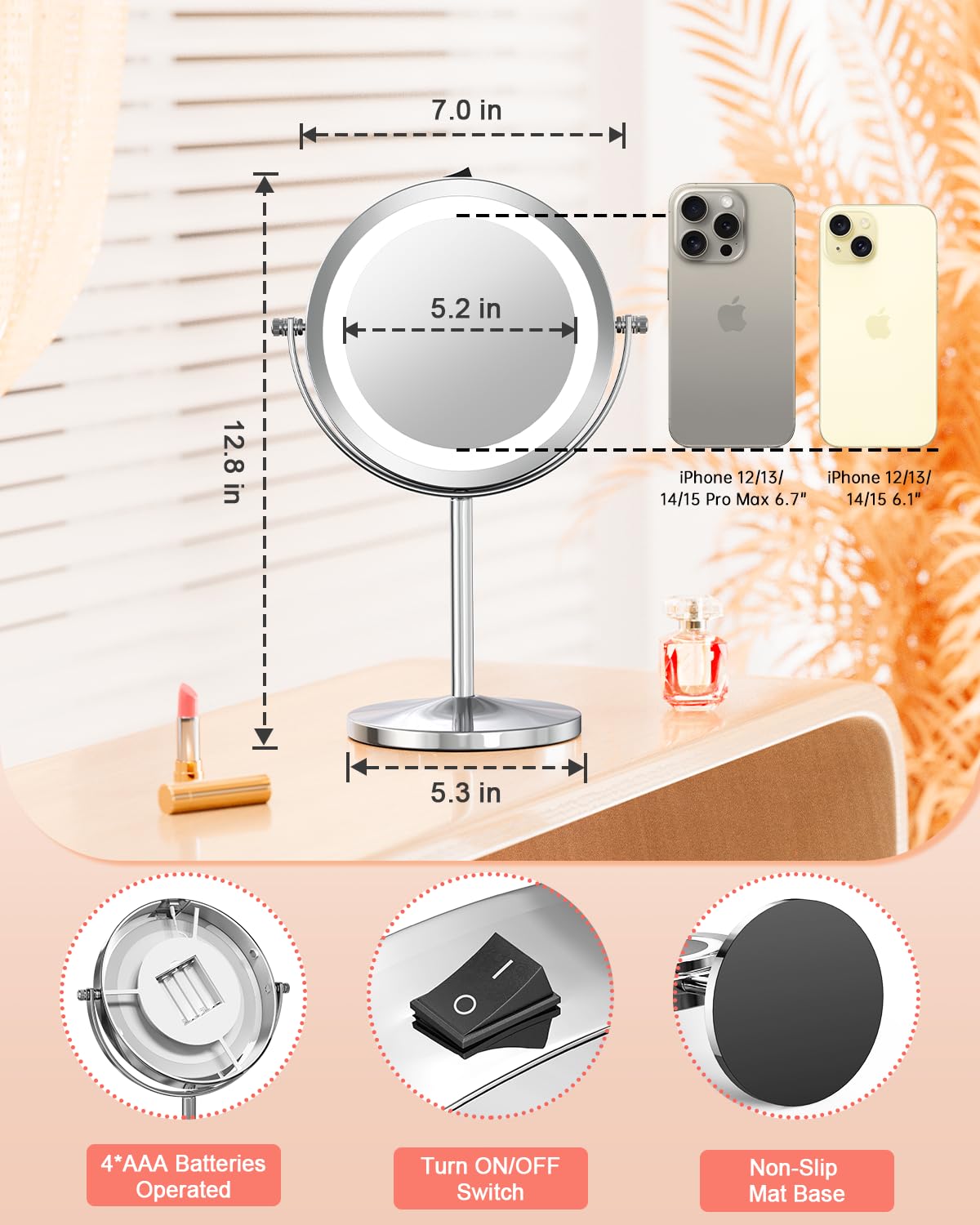 Benbilry 10X Magnifying Lighted Makeup Mirror, 7 Inch Double Sided 1X/10X Magnification with Lights, 360° Rotation Swivel Travel Make Up Mirror
