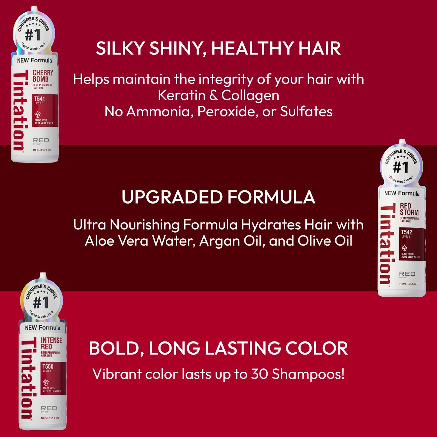 Red by Kiss Tintation Semi-Permanent Hair Color, Aloe Vera Water Based, Argan Oil, Olive Oil, Collagen & Keratin, Long-Lasting Color Dye (Cherry Bomb