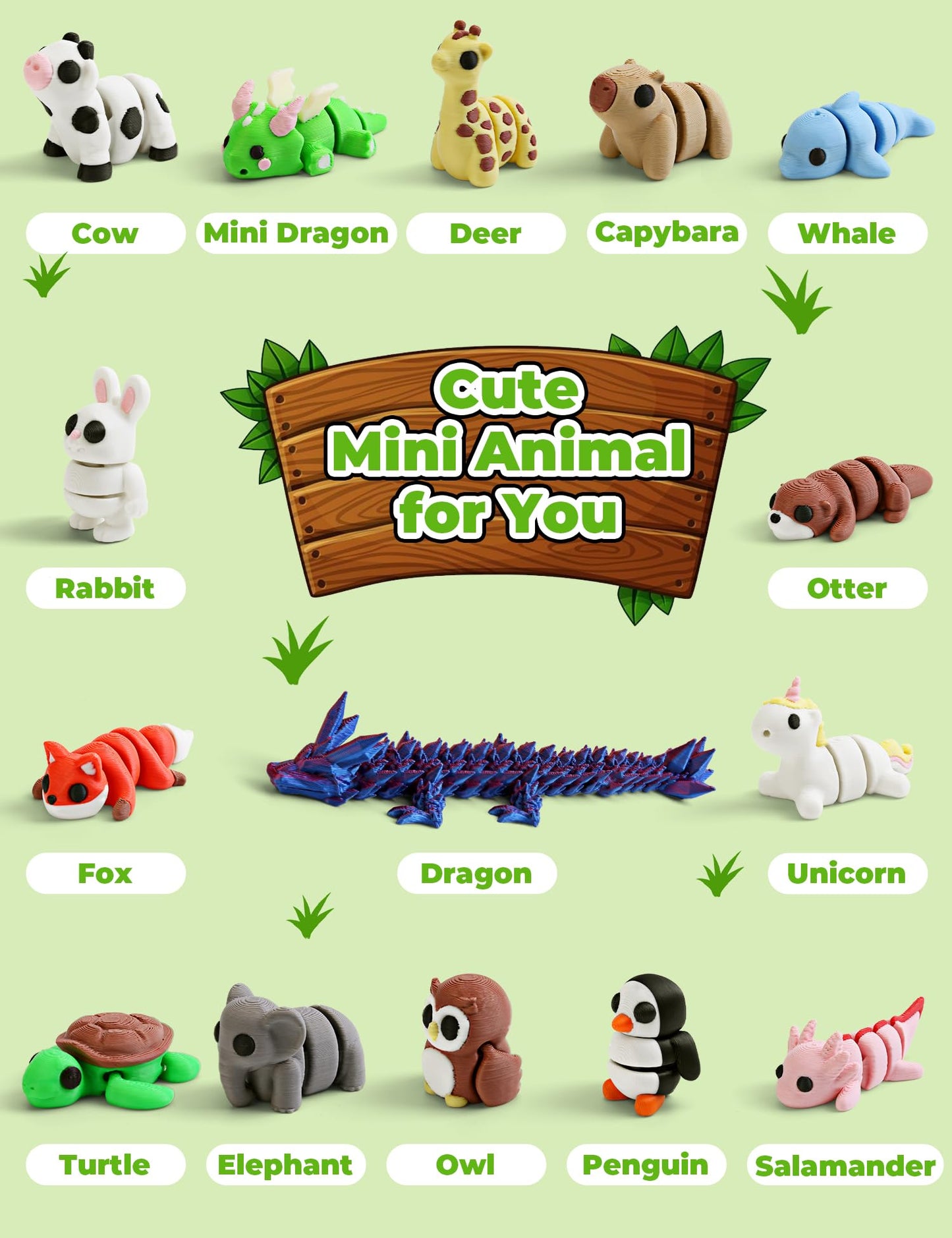 “2025” 15 Pack 3D Printed Animal Toys with Dragon Eggs – Articulated Fidget Figures Set, Stress Relief Collectible Gifts for Kids & Adults