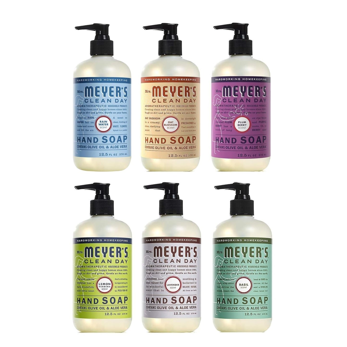 Mrs. Meyer's Clean Day Liquid Hand Soap 6 Scent Variety, Lavender, Rainwater, Oat Blossom, Plumberry, Lemon Verbena, Basil, 12.5 oz, 6 Count Beauty and Personal Care Mrs. MEYER'S Default Title