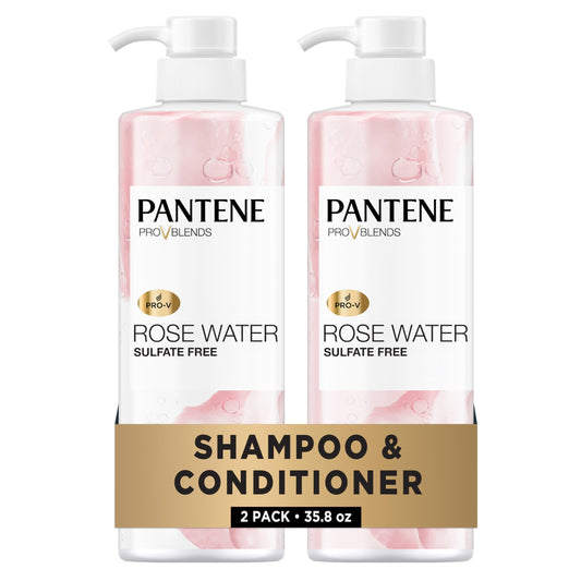 Pantene Sulfate Free Shampoo and Conditioner Set, Rose Water, Soothing and Moisturizing, Infused with Vitamin B5, for all Hair Types, Safe for Color
