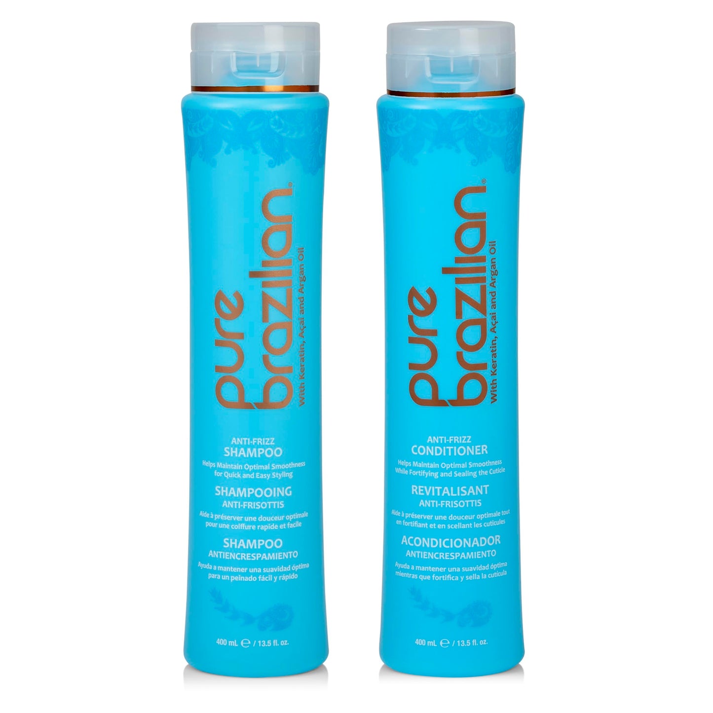 Pure Brazilian Anti-Frizz Daily Shampoo & Conditioner, Salt-Free & Color Safe, Enriched with Keratin, Argan Oil & Acai, 13.5 Ounce (400 Milliliter)