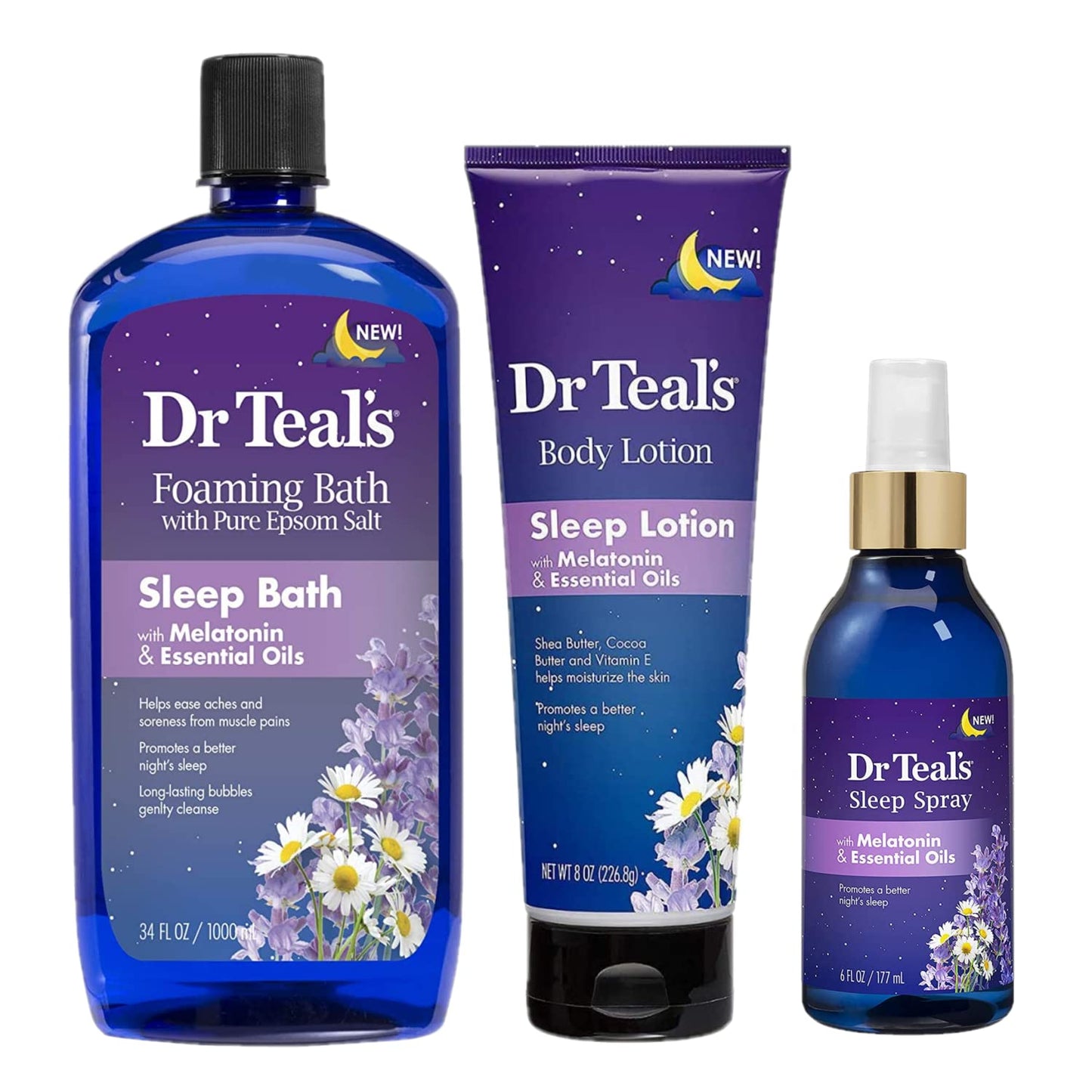 Dr Teals Melatonin Sleep Bath Gift Set (Foaming Bath (34 oz), Body Lotion (8 oz), & Sleep Spray (6oz) - Stress Relief Lavender & Melatonin Promotes