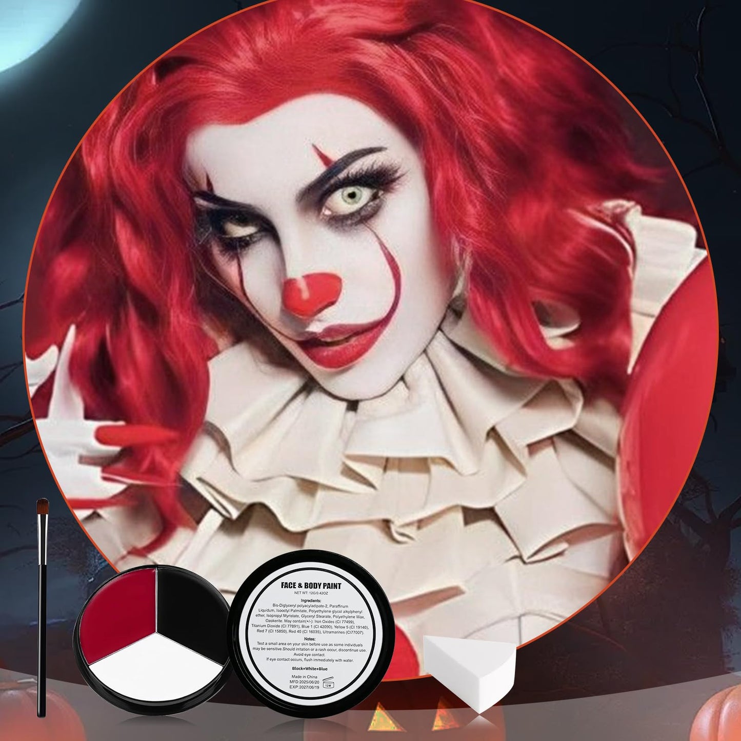 VPCRT6 White Black Red Halloween Face Body Paint with 3PCS Sponge and 1PC Brush, for Baseball, Softball Sports(Eye Black) & Halloween (Joker, Clown)