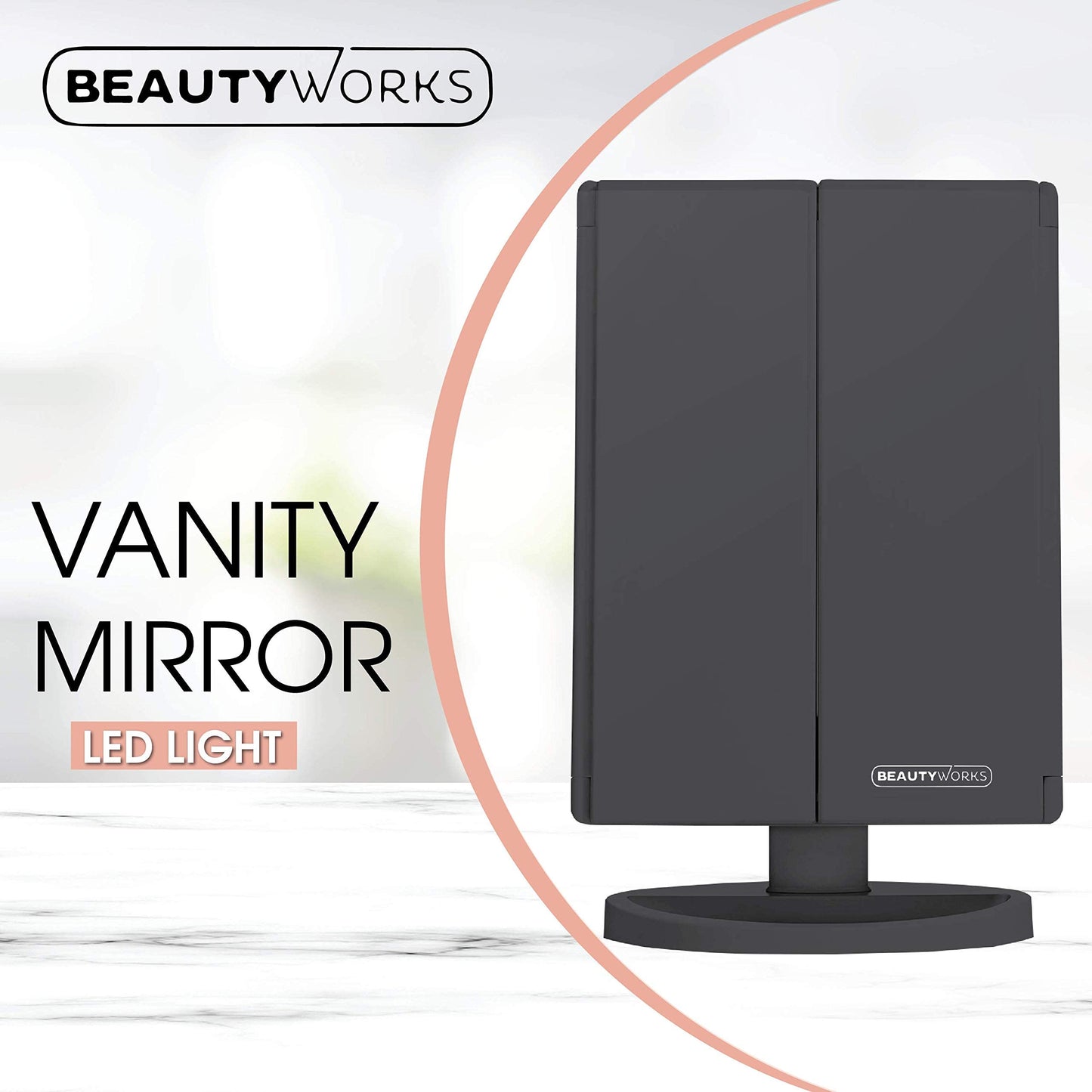 Beautyworks Backlit Makeup Vanity Mirror 36 LED Lights Touch-Screen Light Control, Tri-Fold 1/2/3X Magnification, Portable High-Definition Cosmetic