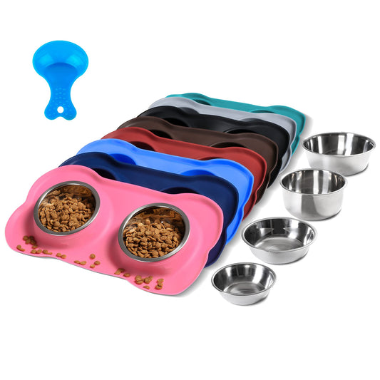 Hubulk Pet Dog Bowls Set – 2 Stainless Steel Bowls with No Spill Non-Skid Silicone Mat & Pet Food Scoop – For Small, Medium, Large Dogs & Cats (Pink)