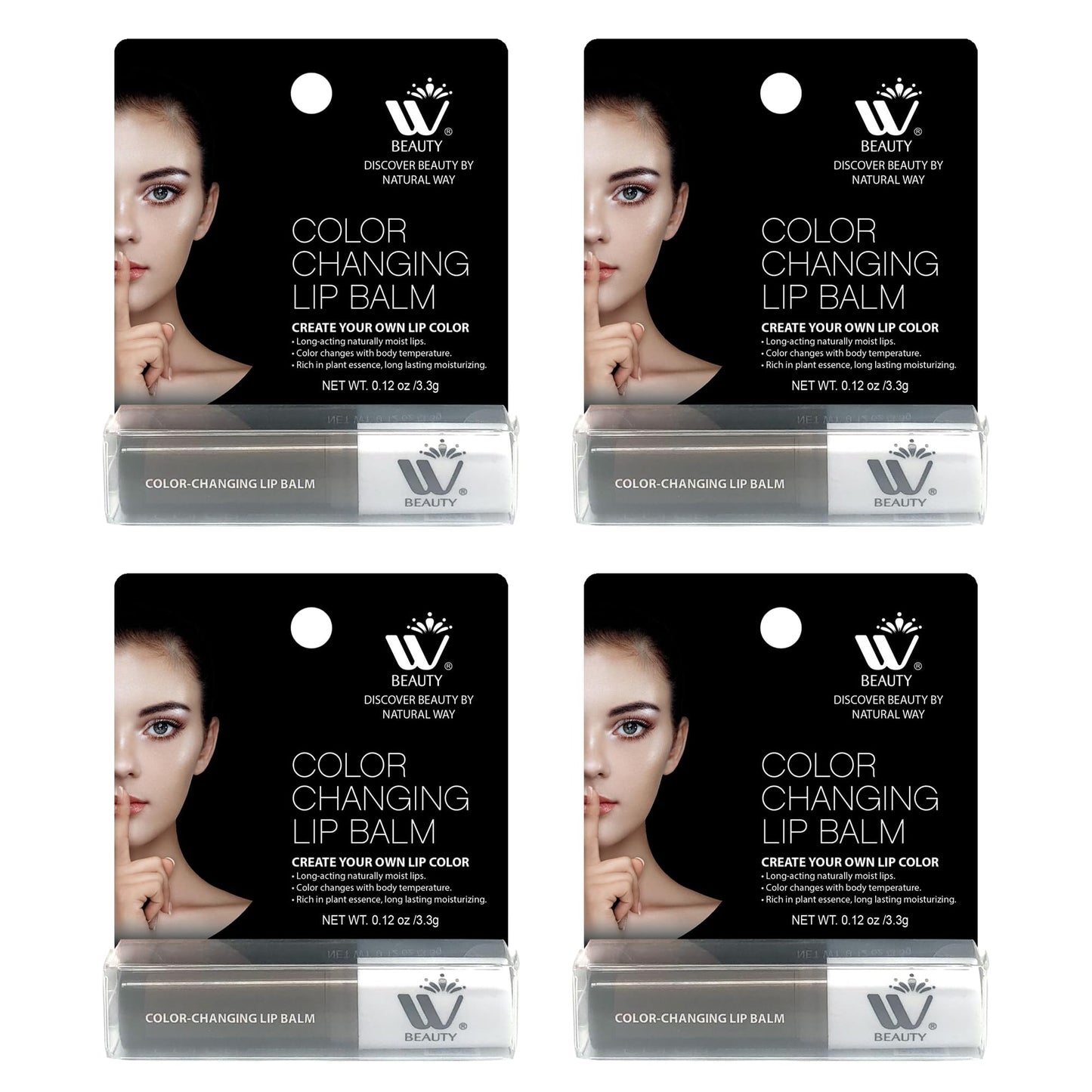 WBM Care Lip Balm 4-Pack, 3.3g Each - Enriched with Vitamin E, Color-Changing Tinted Moisturizer, Provides Long-Lasting Repair, Hydration, and Soft