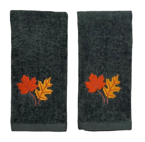 Serafina Home Harvest Fall Tip Towels: Plush Dark Grey Gray Cotton Towels with Autumn Leaf Design Set of 2, 12" x 18" Inch