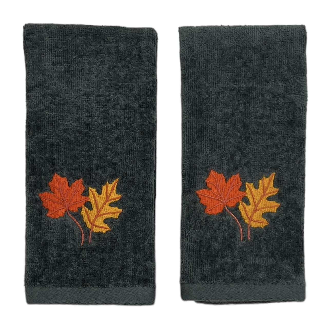 Serafina Home Harvest Fall Tip Towels: Plush Dark Grey Gray Cotton Towels with Autumn Leaf Design Set of 2, 12" x 18" Inch