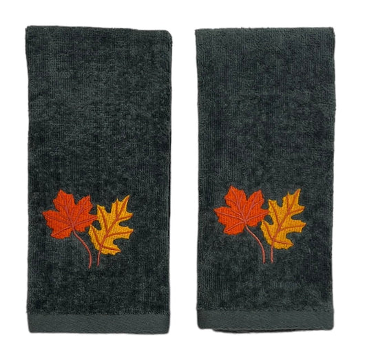 Serafina Home Harvest Fall Tip Towels: Plush Dark Grey Gray Cotton Towels with Autumn Leaf Design Set of 2, 12" x 18" Inch