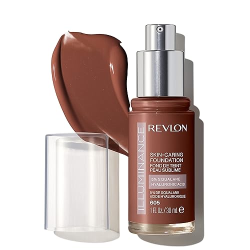 Revlon Illuminance Skin-Caring Liquid Foundation, Hyaluronic Acid, Hydrating and Nourishing Formula with Medium Coverage, 605 Rich Mahogany, 1 fl oz