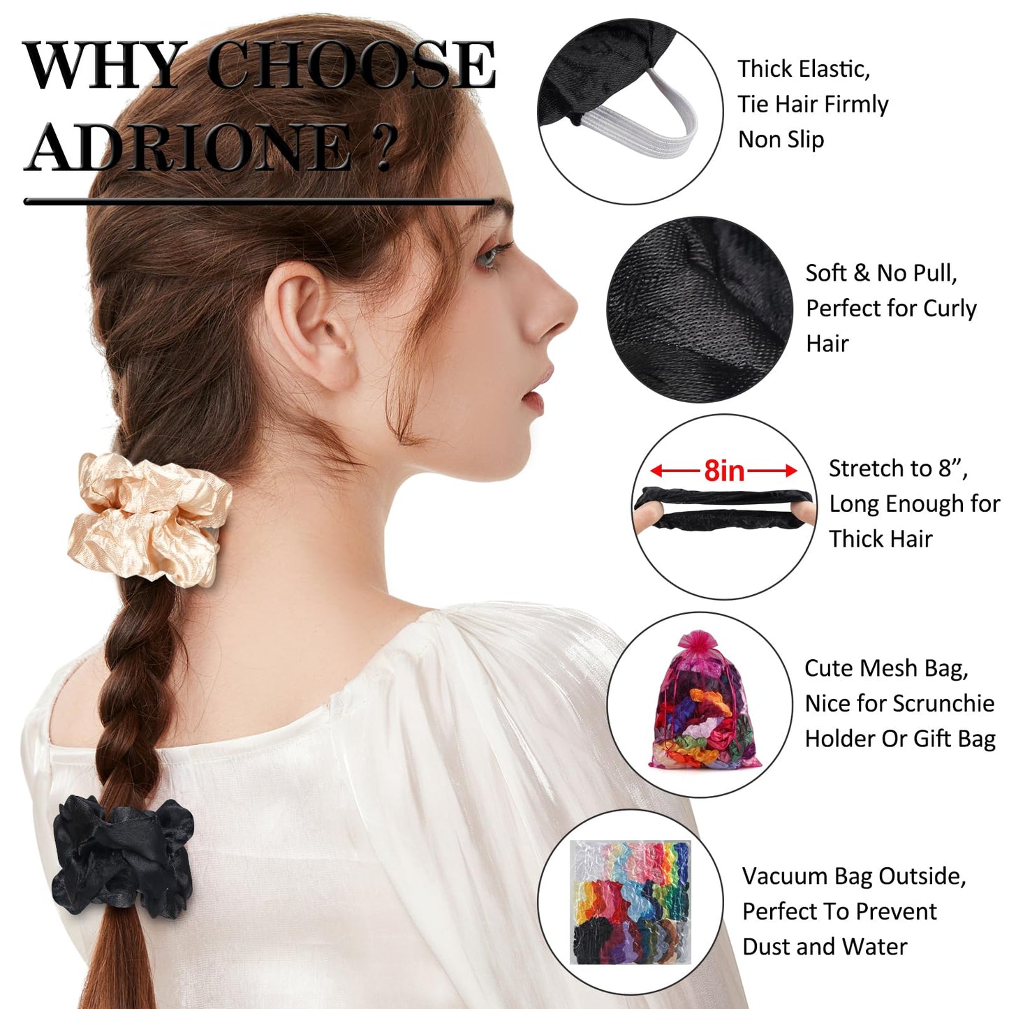 ADRIONE Satin Scrunchies for Women & Girls - 60 Pack Silk Scrunchies for Curly Hair Beauty and Personal Care ADRIONE