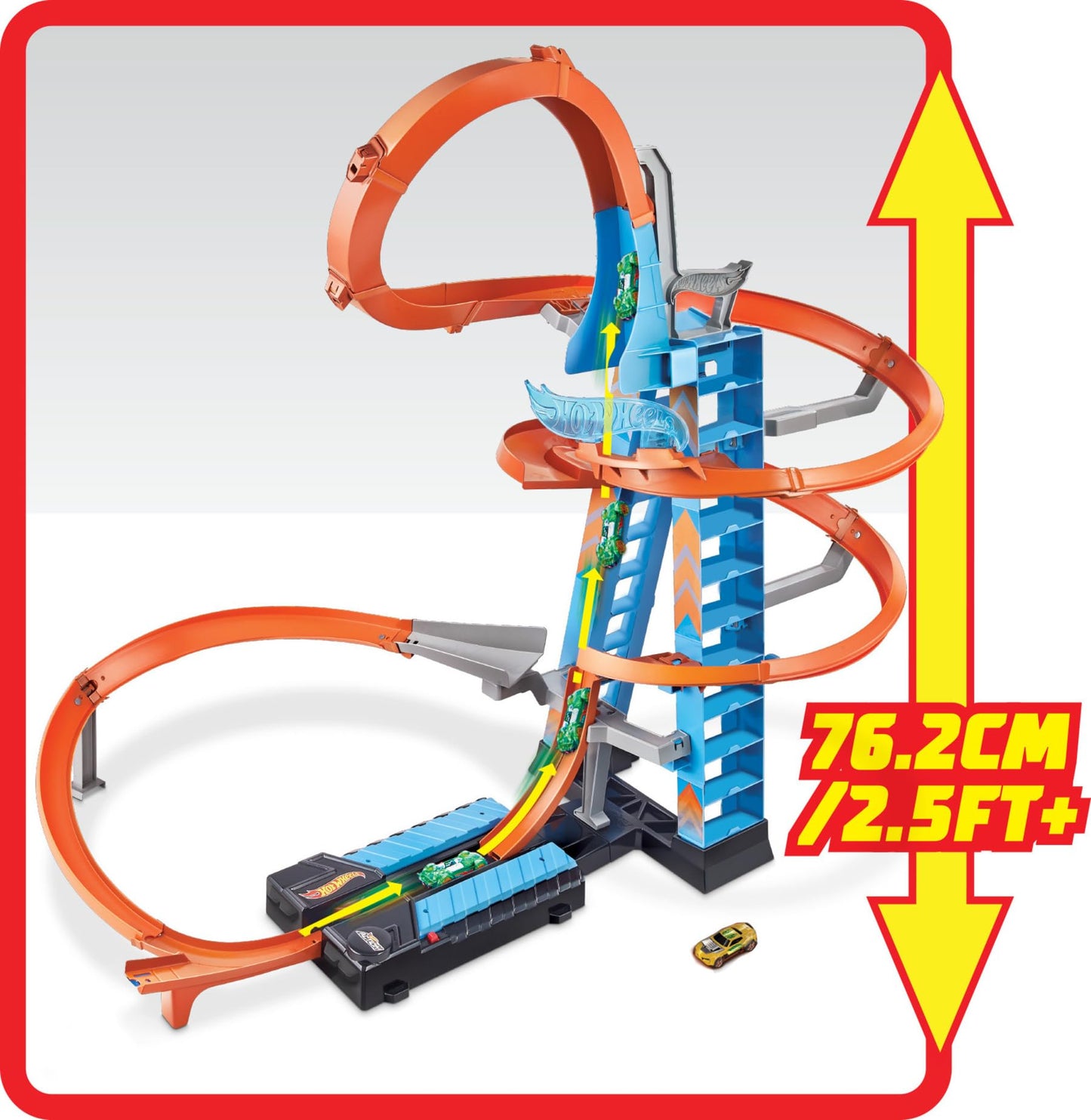 Hot Wheels Sky Crash Tower Track Set, 2.5+ ft / 83 cm High with Motorized Booster, Orange Track & 1 Hot Wheels Vehicle, Race Multiple Cars, Gift for…