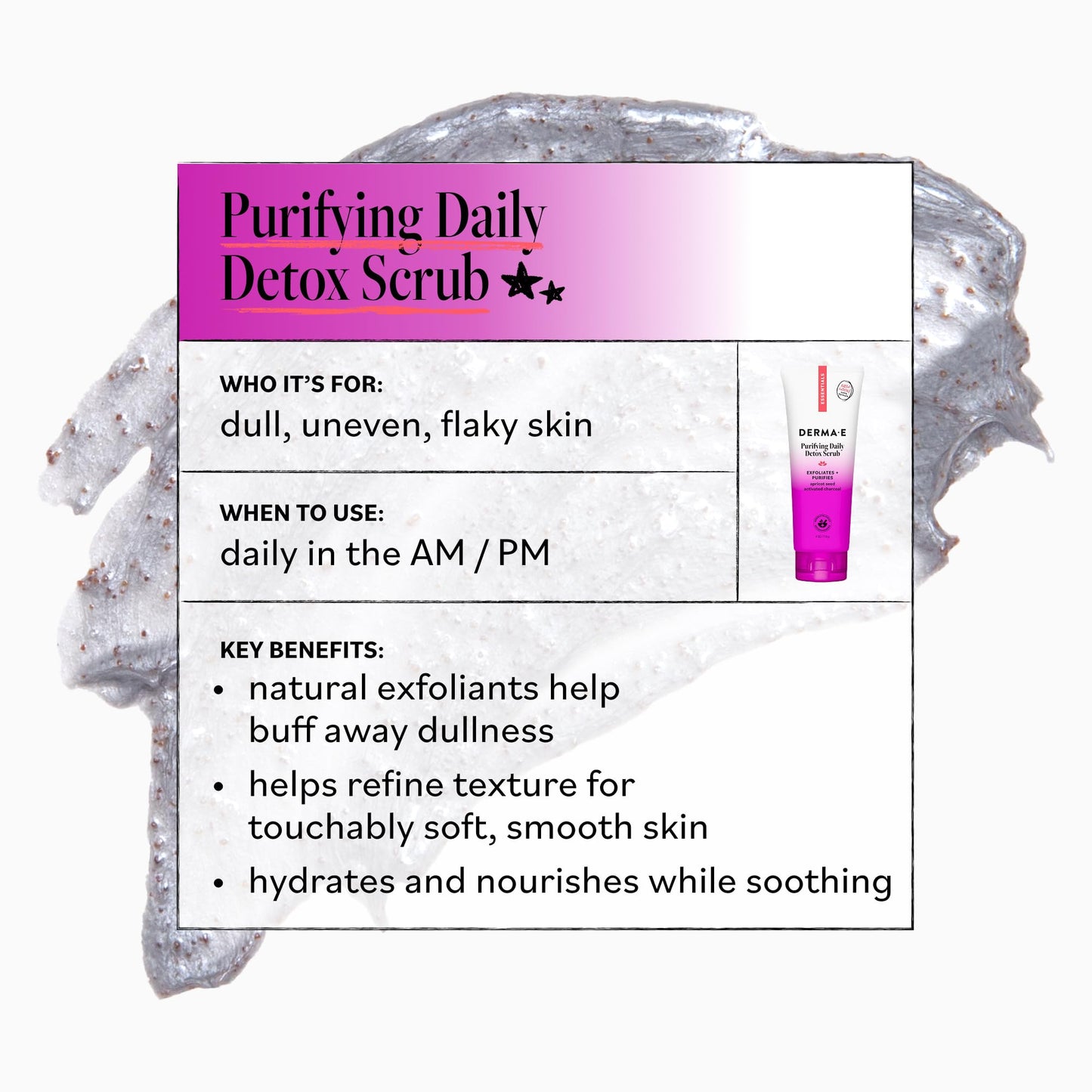DERMA E Purifying Daily Facial Detox Scrub with Activated Charcoal and Seaweed Extract -Exfoliating Face Scrub Cleanses, Smooths and Brightens, 4oz