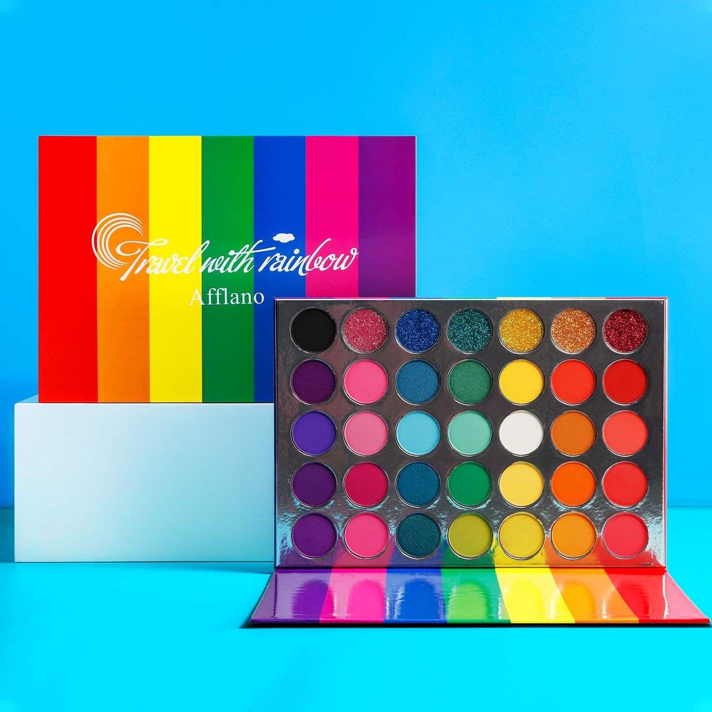 Afflano Rainbow Eyeshadow Palette Matte Shimmer Pressed Glitter, Pigmented Colorful Eye Shadow Pallets, Pink Red Orange Yellow Green Blue Purple 35