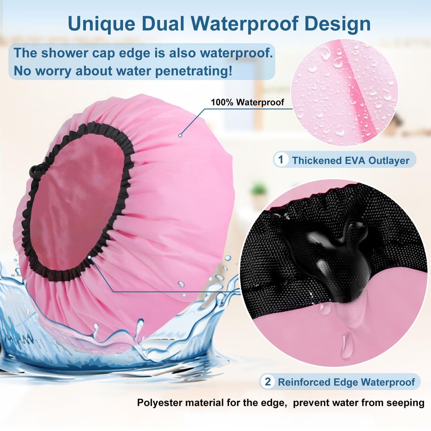 3 Pcs 16.5" Super Extra Large Shower Cap, Reusable Dual Waterproof Shower Cap for Women, Jumbo Satin Lined Shower Cap for Braids & Long Hair, XXL