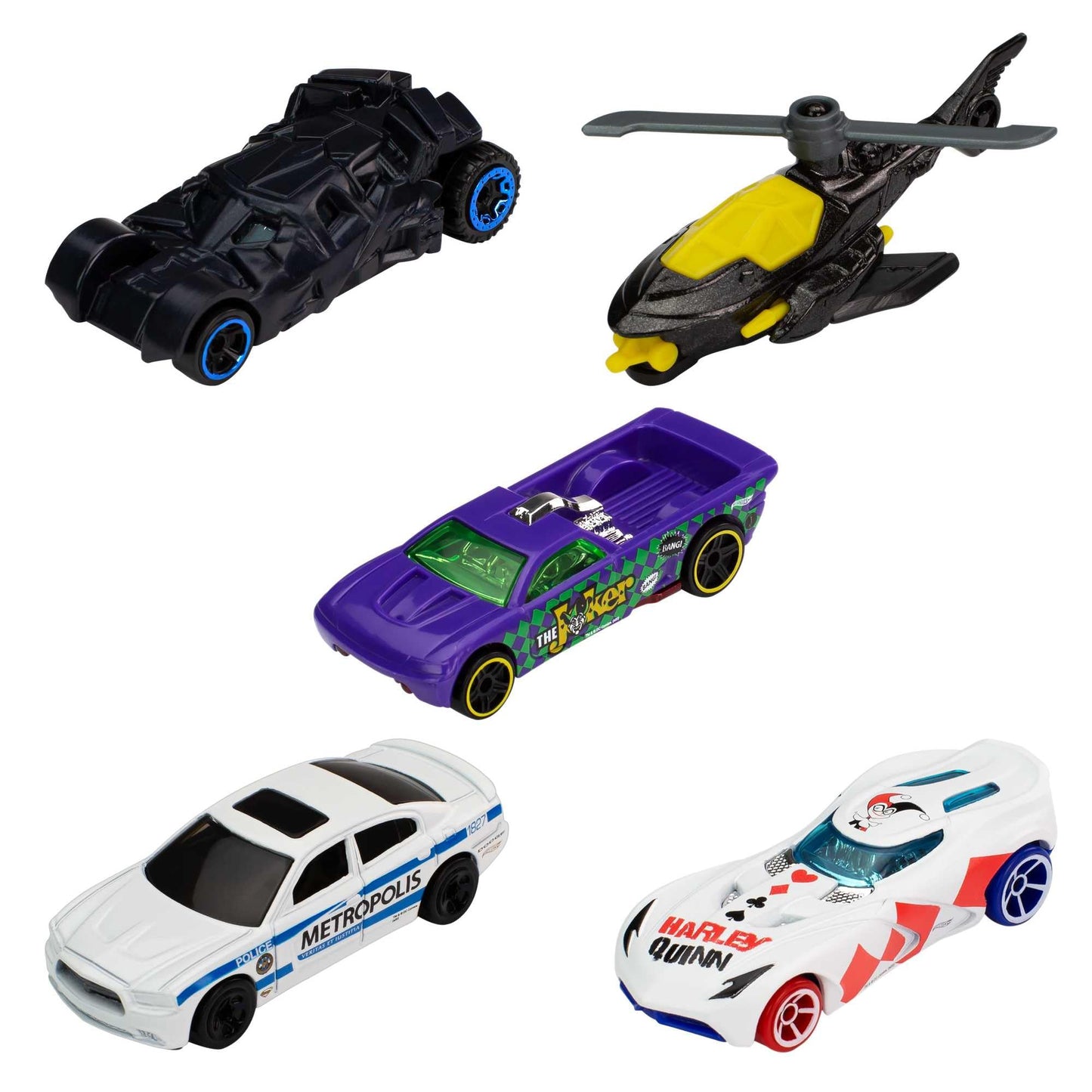 Hot Wheels Set of 5 Batman Toy Vehicles in 1:64 Scale from Batman TV Shows, Movies & Comics (Styles May Vary)