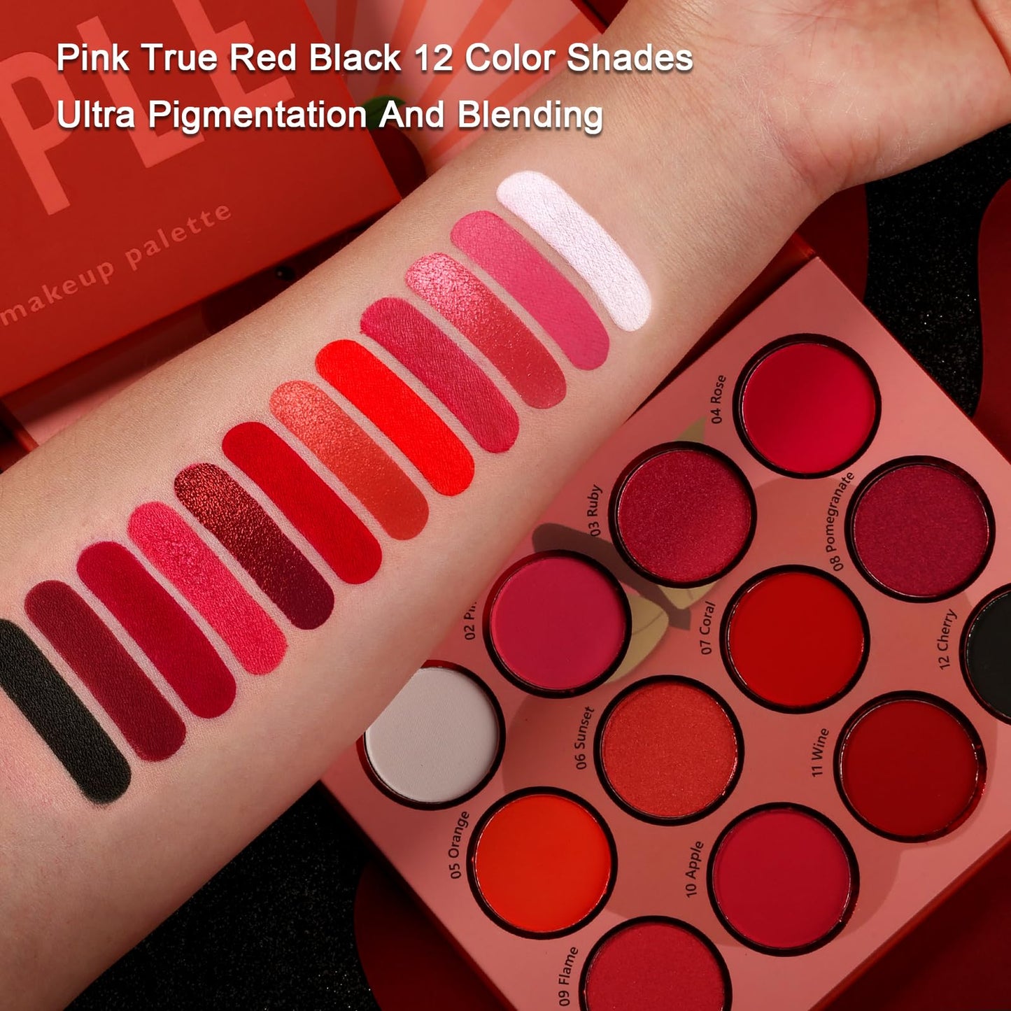 Afflano Red Eyeshadow Palette Makeup, Ultra Pigmented and Blending Bright Dark Hot True Red Black Eye Shade 12 Color, Cruelty Free Velvet Matte