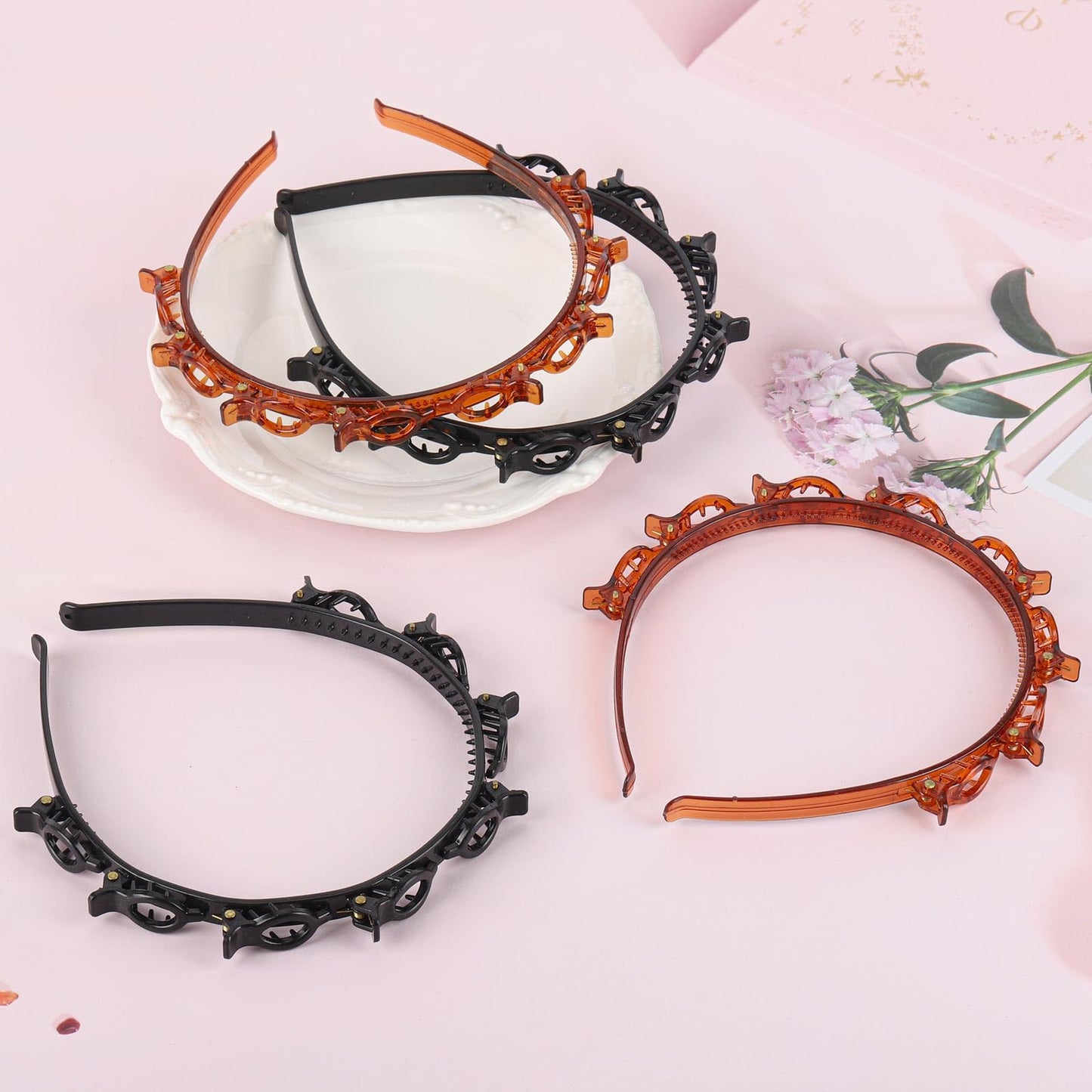 acDesign 4 Pcs Headband with Clips, Professional Weave Bangs Hairstyle Hairpin Headband, Clip Headbands for Women (2Black and 2Red) Beauty and Personal Care acDesign