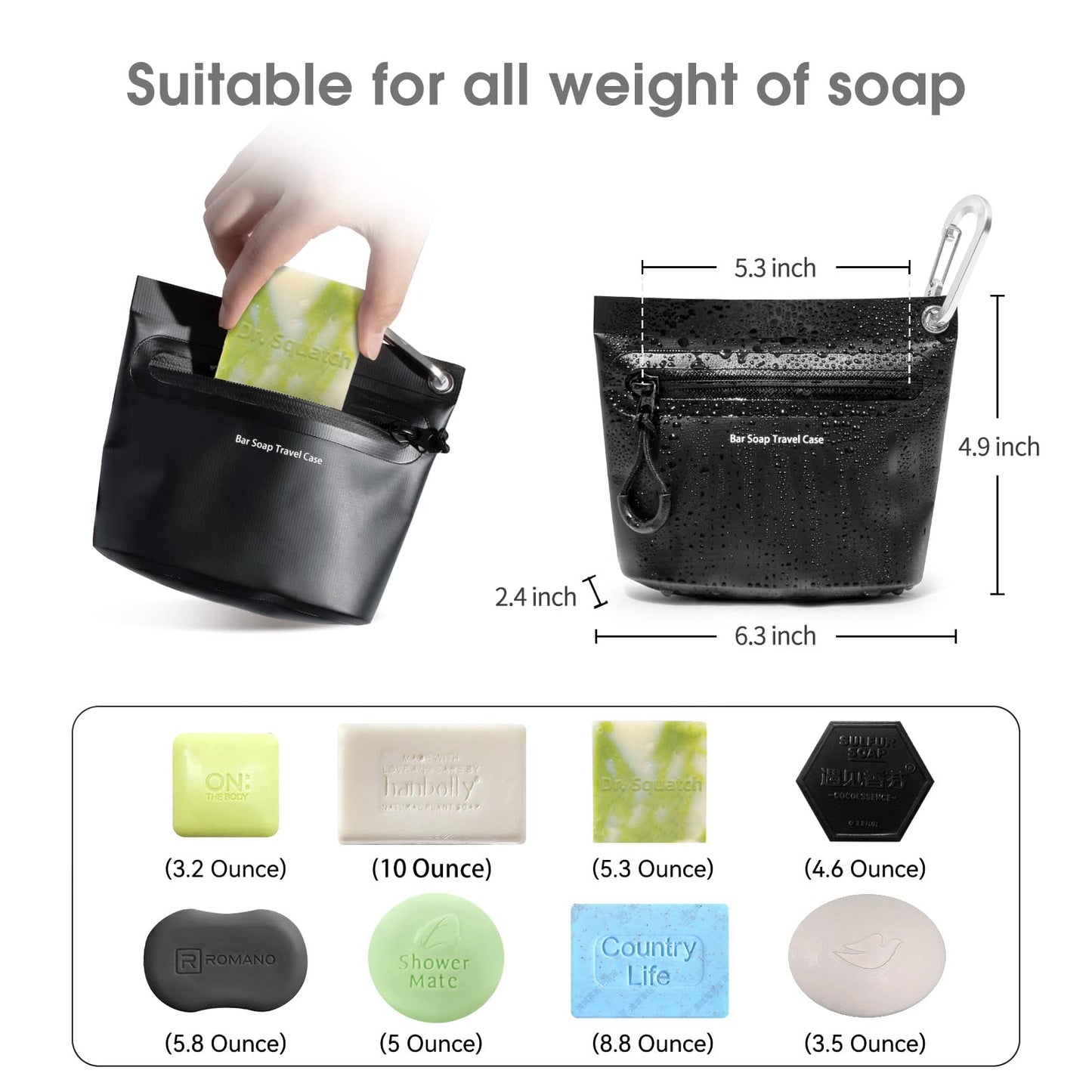 WIROTA Travel Soap Container Bag with Waterproof Zipper and Carabiner Clip Waterproof and Leak Proof Soap Travel Case Travel Accessories (Black)