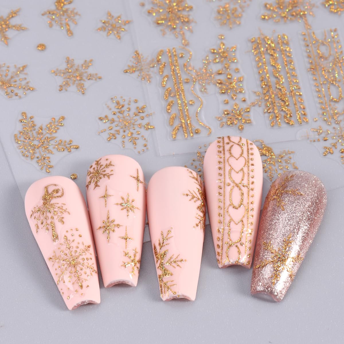 Snowflake Nail Art Stickers, Winter Nail Decals 3D Self-Adhesive Gold White Snowflake Xmas Tree Christmas Nail Design DIY Christmas Nail Decoration