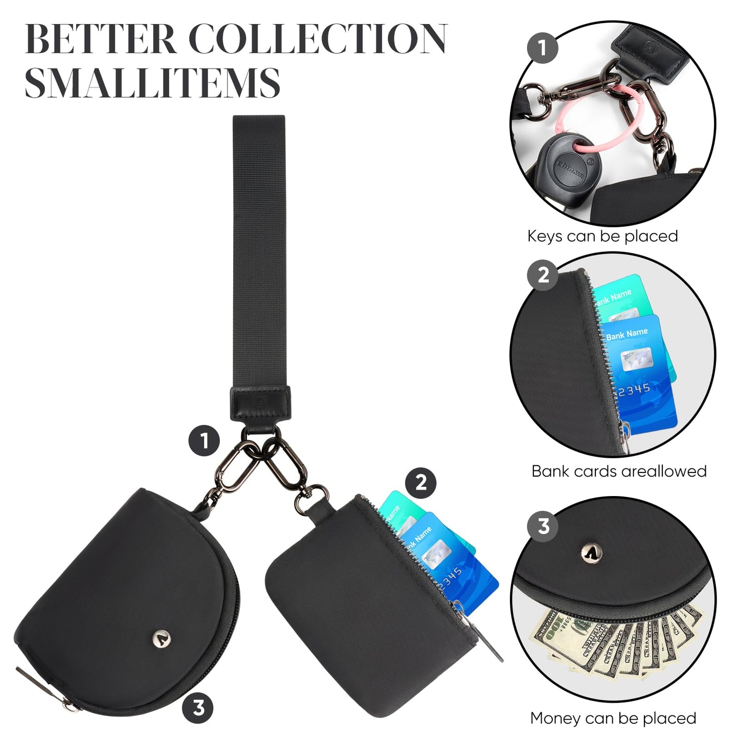 KeyChain Wallet Wristlet Wallets For Women Mini Zip Dual Pouch Wristlet (black+black)