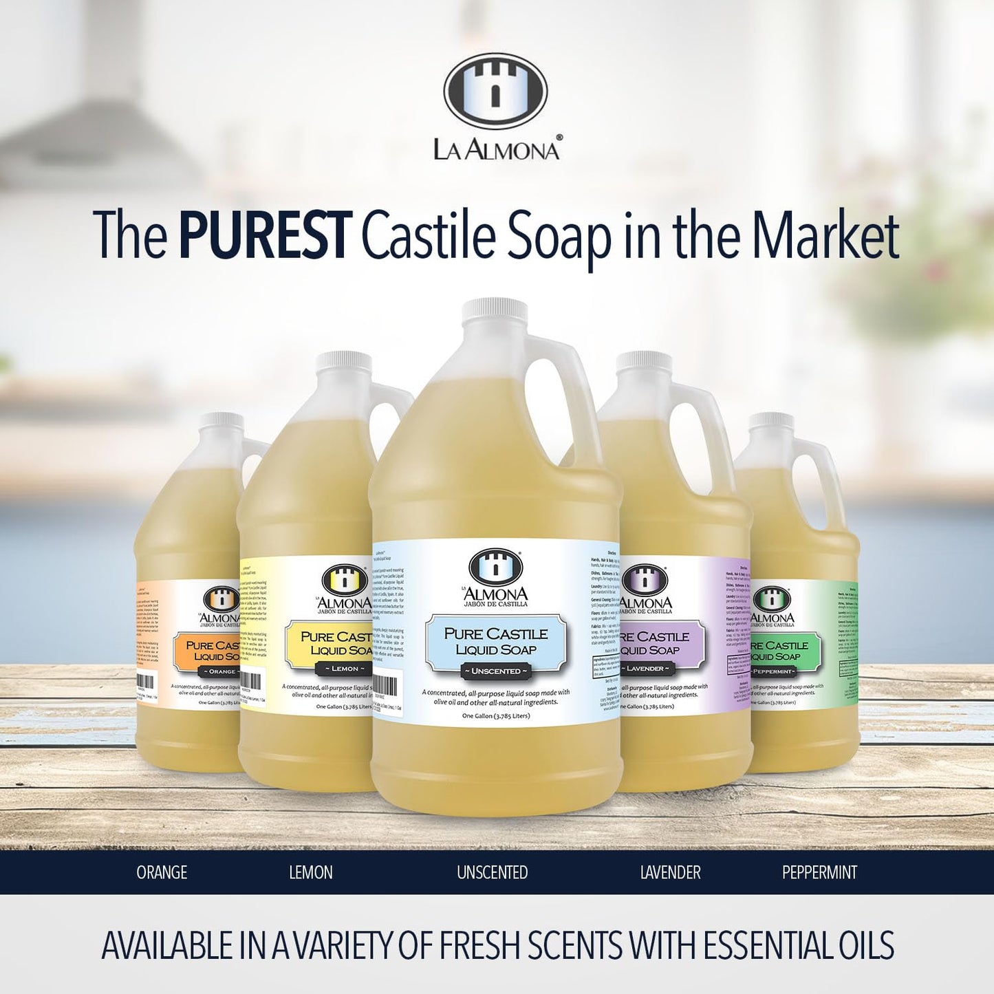 La Almona - Pure Castile Liquid Soap, UNSCENTED, 1 Gallon - Multipurpose: Hands, Face, Body, Laundry, Dishes & More - For Sensitive Skin, All-Natural
