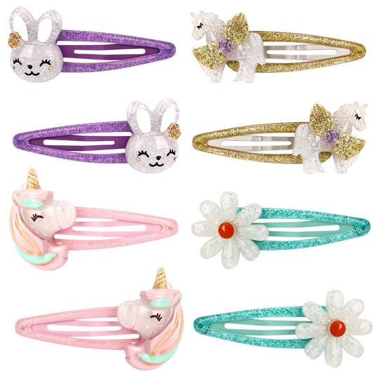 Wingchold Girls Flower Snap Hair Clips, 8Pcs Unicorn No Slip Metal Hair Clips, Sparkly Unicorn Hair Accessories for Toddlers Kids, Colorful Rabbit