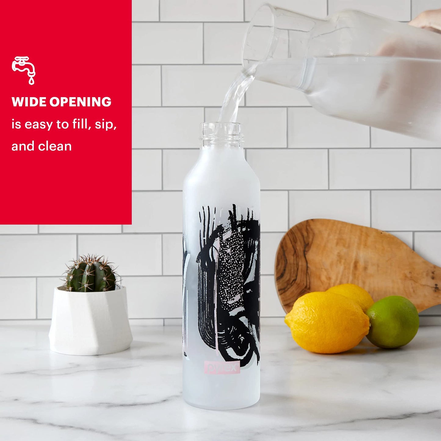 Pyrex 24-Oz Color Changing Glass Water Bottle with Silicone Coating, Leakproof and Textured Glass Reusable Water Bottle with Flip-Top Lid