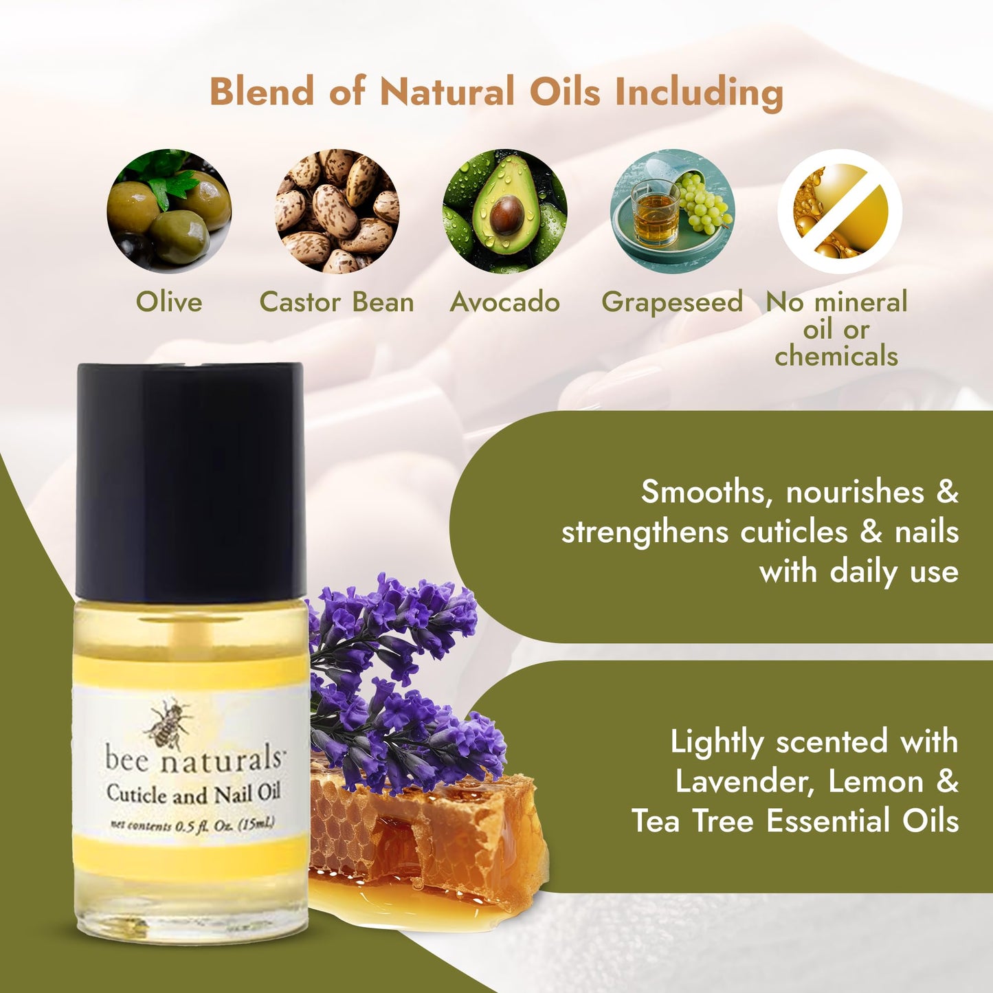 Bee Naturals Nail & Cuticle Oil 0.5 oz - Heals Cracked Nails & Rigid Cuticles. Deep moisture for nails and cuticles. Contains rich avocado and castor