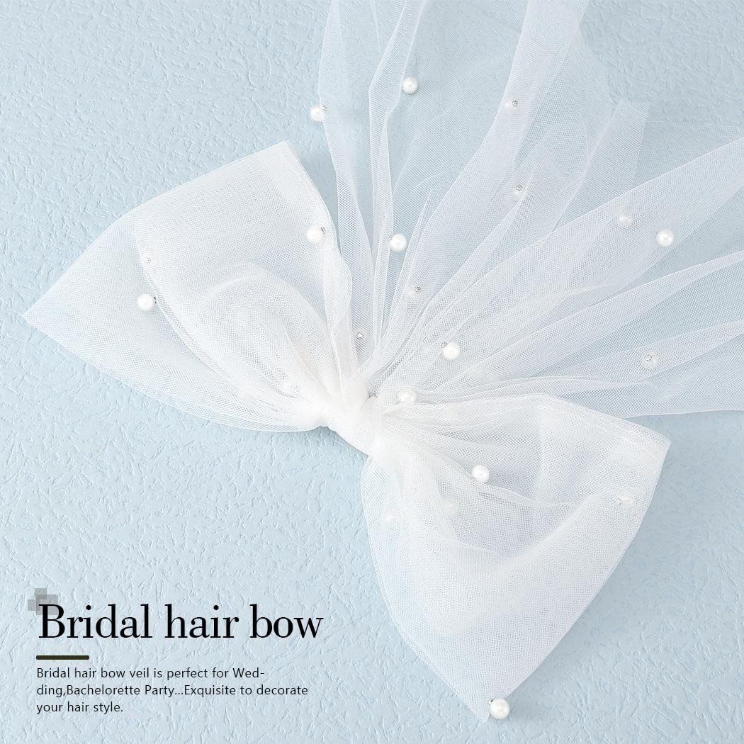 JEAIRTS Bridal Hair Bow Veil Pearl Wedding Hair Piece White Tulle Bow with Clip Bachelorette Party Hair Accessories for Women
