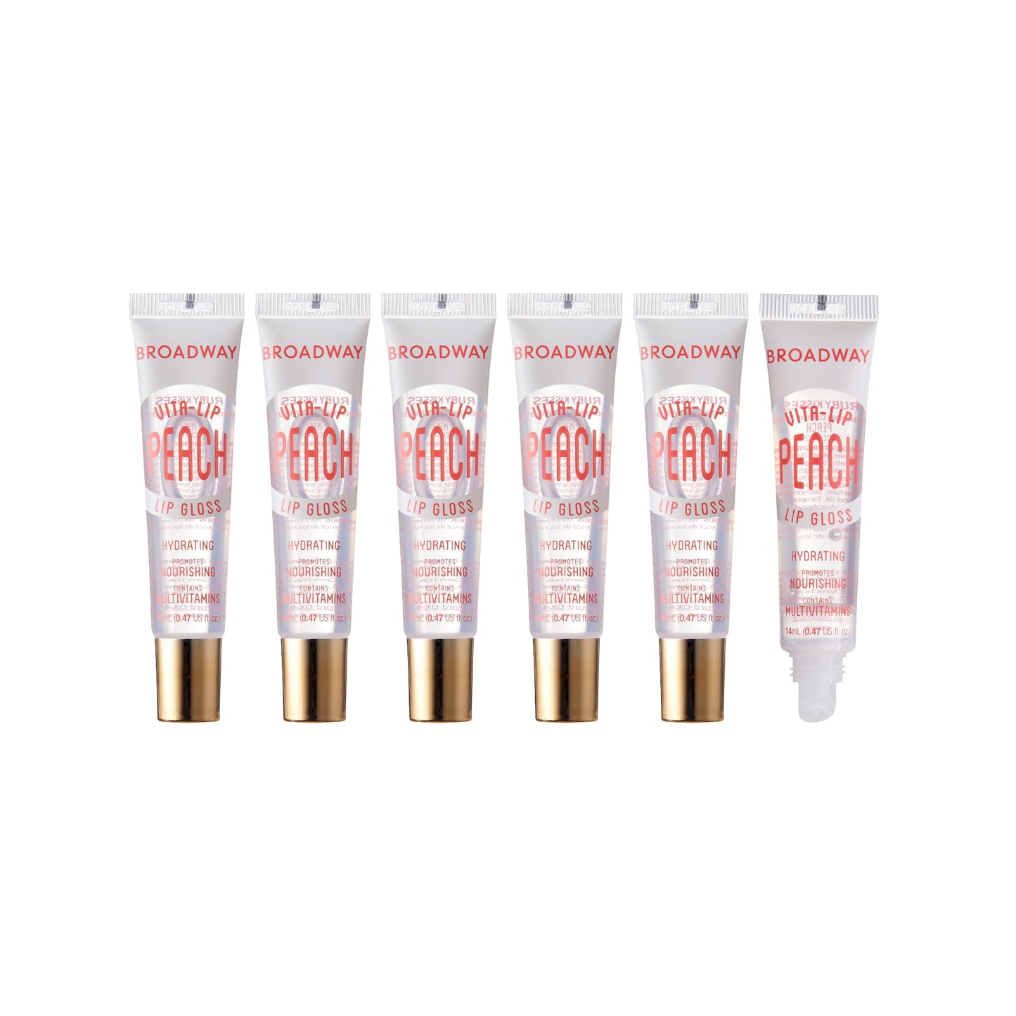 Ruby Kisses Broadway Vita-Lip Clear Lip Gloss (Peach 6 Pack), Ultra-Hydrating & Soothing Formula with Vitamin Oils, High-Shine Non-Sticky Finish