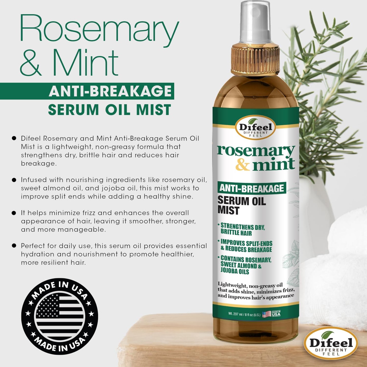 Difeel Rosemary and Mint Anti-Breakage Serum Oil Mist 8 oz. - Hair Strengthening Serum Mist, Reduces Split Ends, Reduces Breakage and Frizz