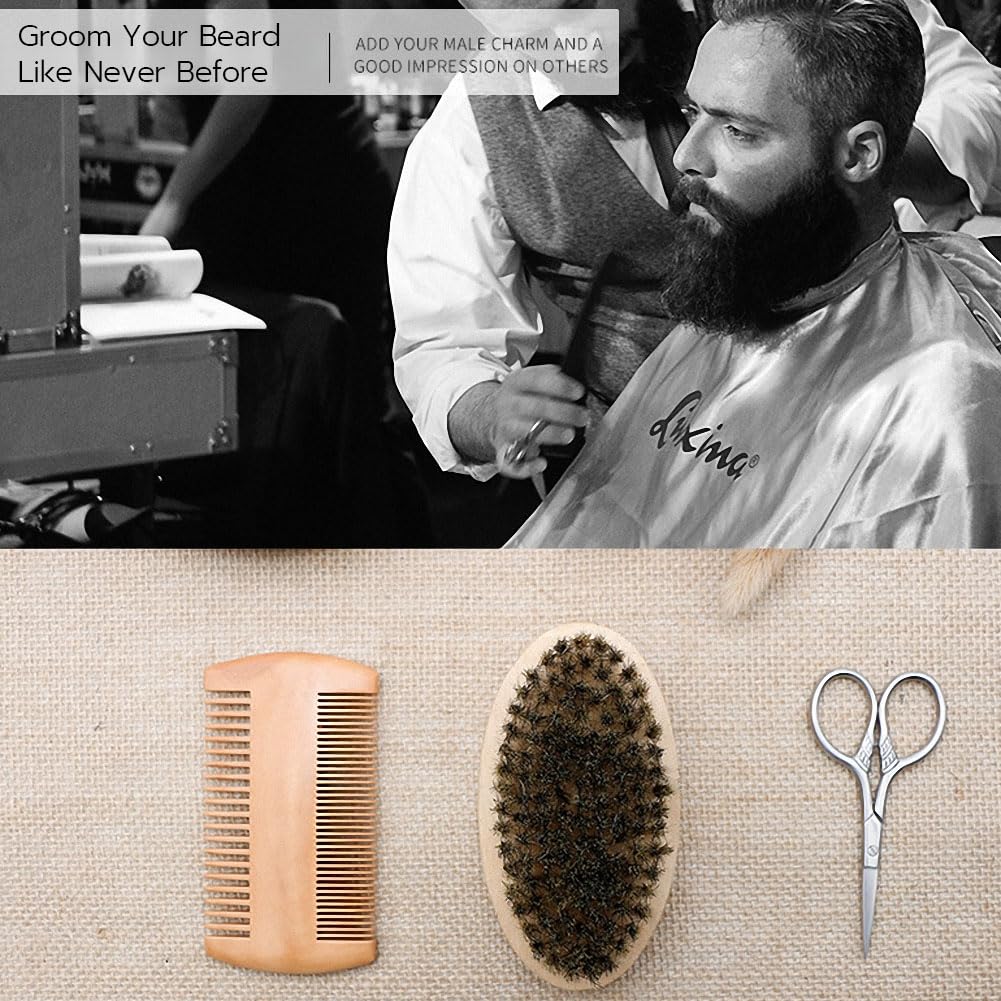 Hair Dough Beard Brush & Comb, Scissors Set for Men, Set Includes Soft Boar Bristle Brush, Bamboo Wide Tooth Comb, and Mustache Trimming Scissors