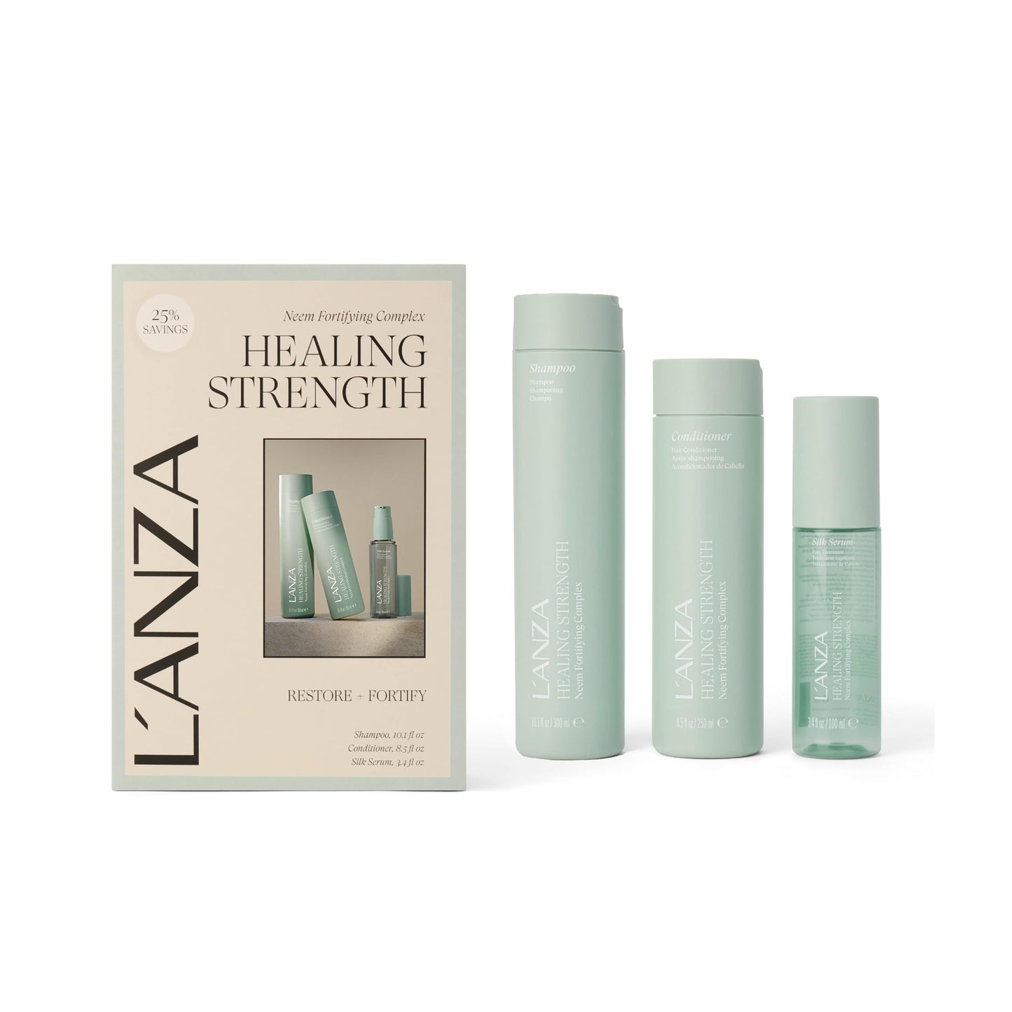 L'ANZA Healing Strength Silk Serum, Shampoo & Conditioner Set For Dry, Damaged Hair, Strengthens, Repairs Damage, Moisturizing, Boost Shine, Gentle