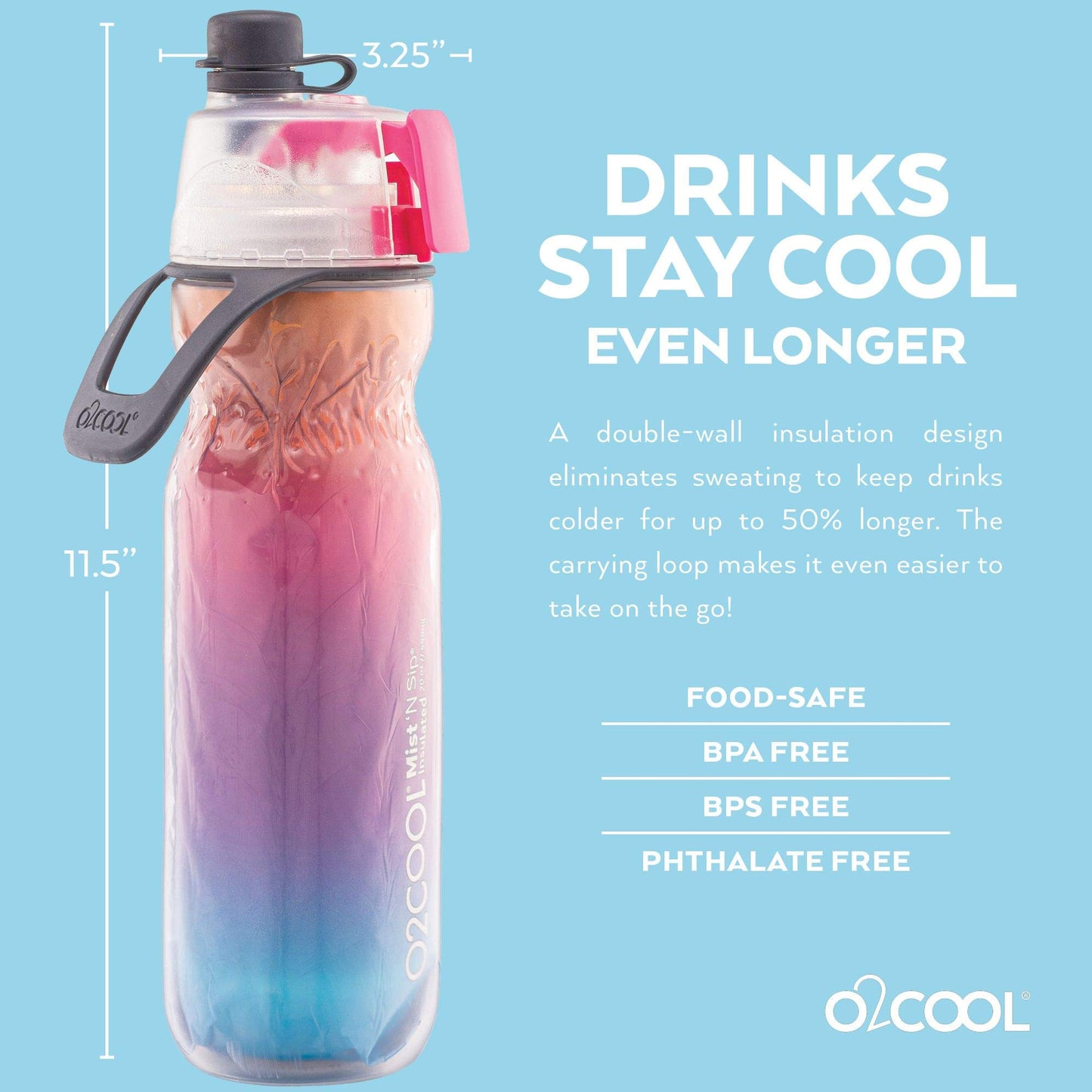 O2COOL Arctic Squeeze Insulated Mist 'N Sip Water Bottle | 2 Pack- 20 oz | BPA Free, 2-in-1 Mist and Sip Function w/No Leak Pull Top Spout (Ras