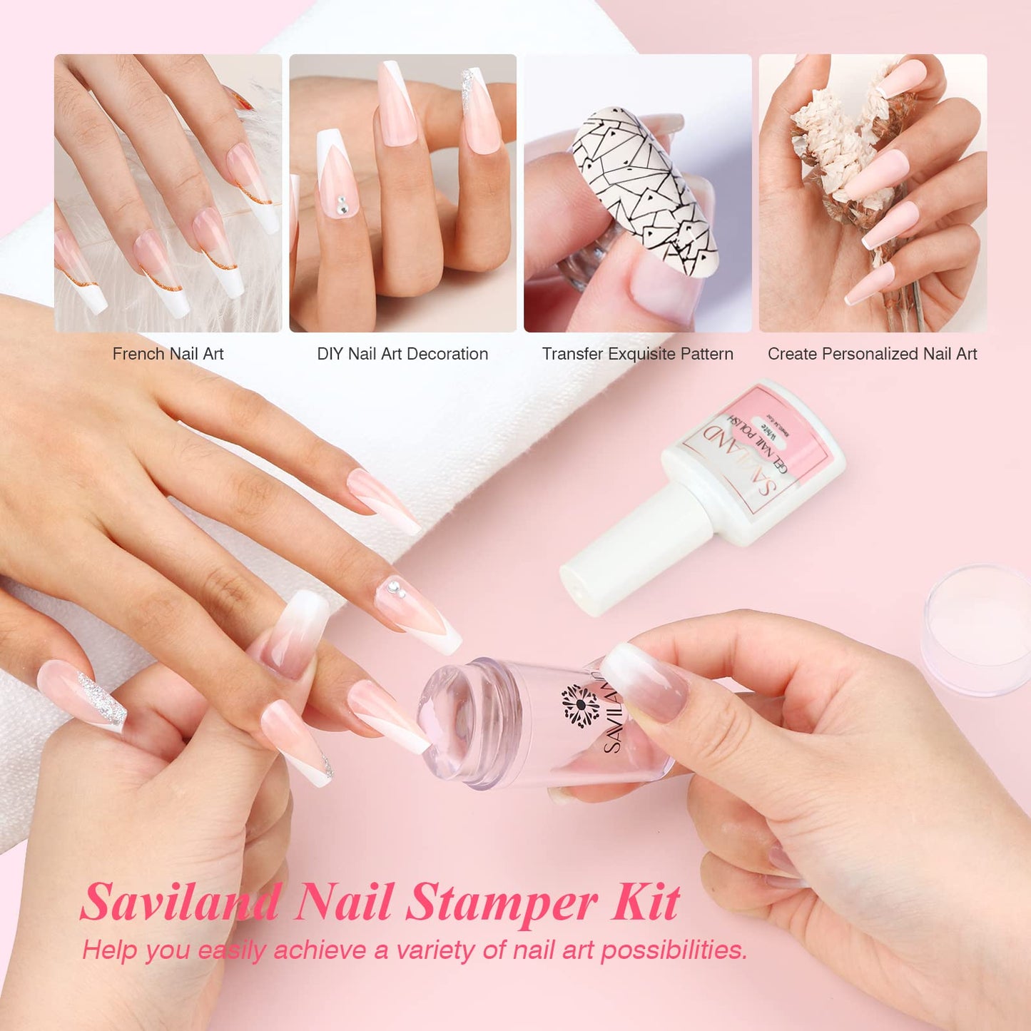 Saviland French Manicure Kit: French Tip Nail Stamp with White Gel Nail Polish Set, Jelly Silicone Nail Stamper Nail Stamper Kit for French Nails Home Beauty and Personal Care SAVILAND