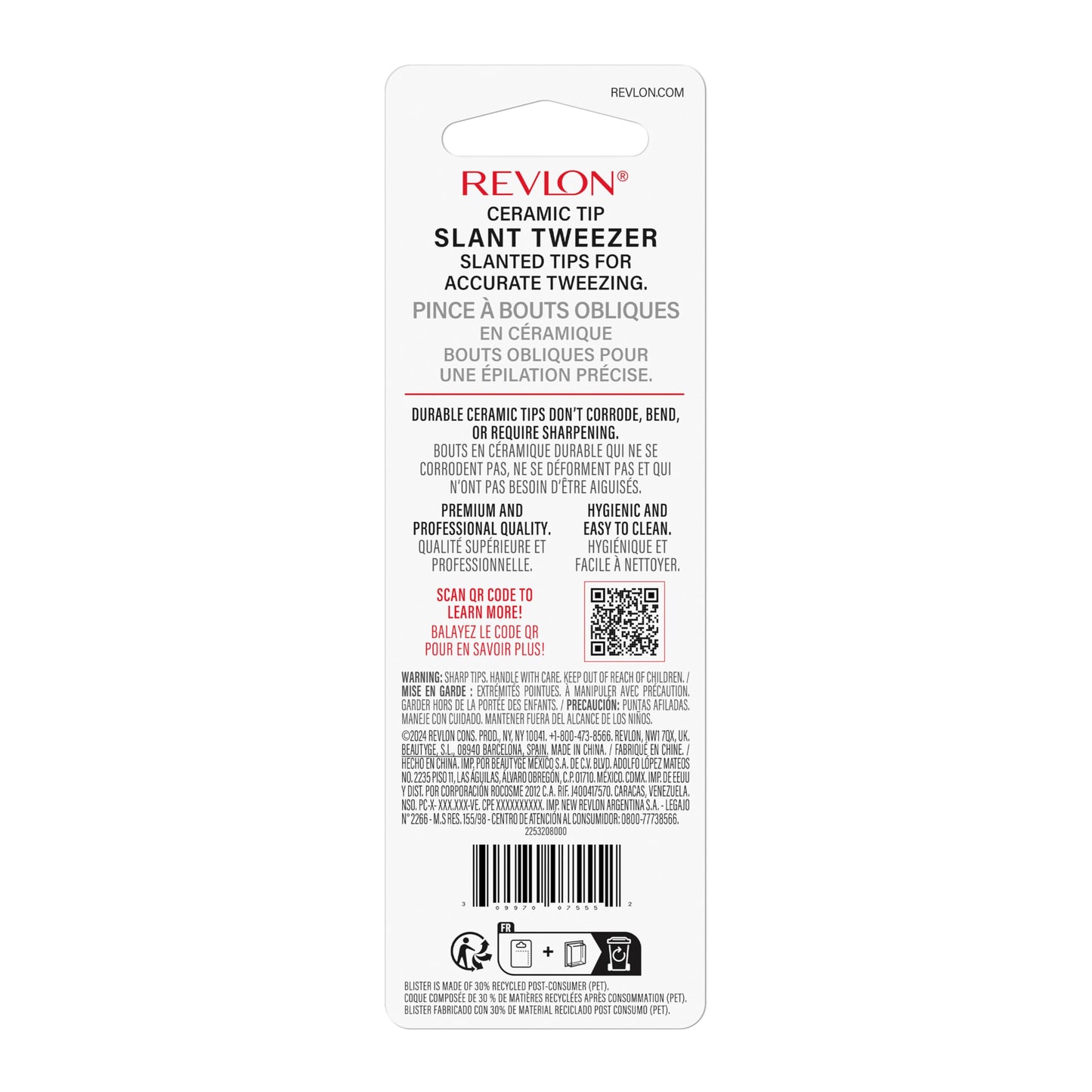 Revlon Ceramic Slanted Tip Tweezers, Precision For Eyebrow Shaping and Fine Hair Removal, Stocking Stuffer for Women & Men, Stainless Steel Body, 1