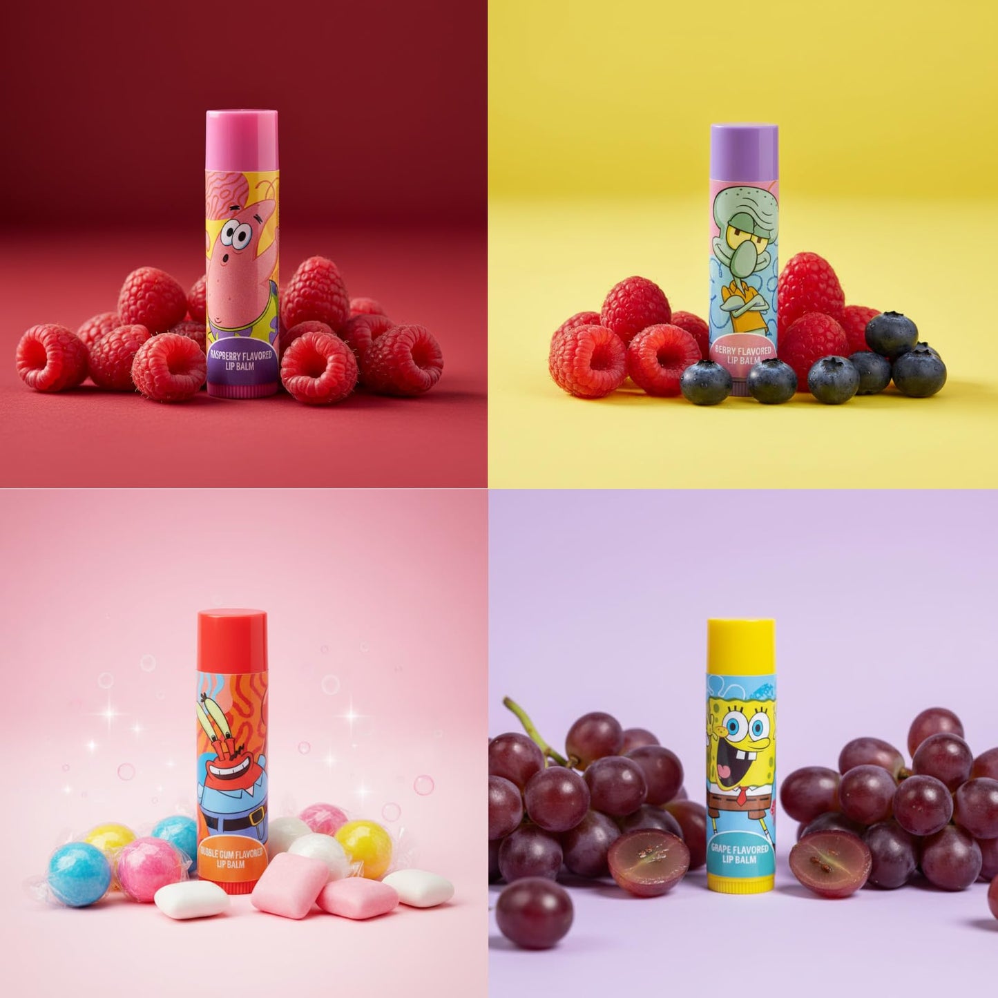 Spongebob Squarepants 4PK Plant-Based, Fruity Scented Lip Balm, & 1 Tin, Colorful Hydrating Mosturizor Swirl Lip Balm Set for Kids, by Townley Girl