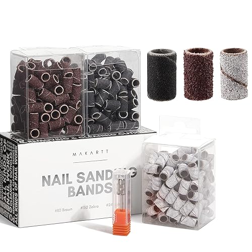 Makartt Nail Drill Bits Sanding Bands - for Nail Drill #80#150#240 Grits 300Pcs File Sanding Bands Zebra Brown Professional Bits Set for Acrylic Nails