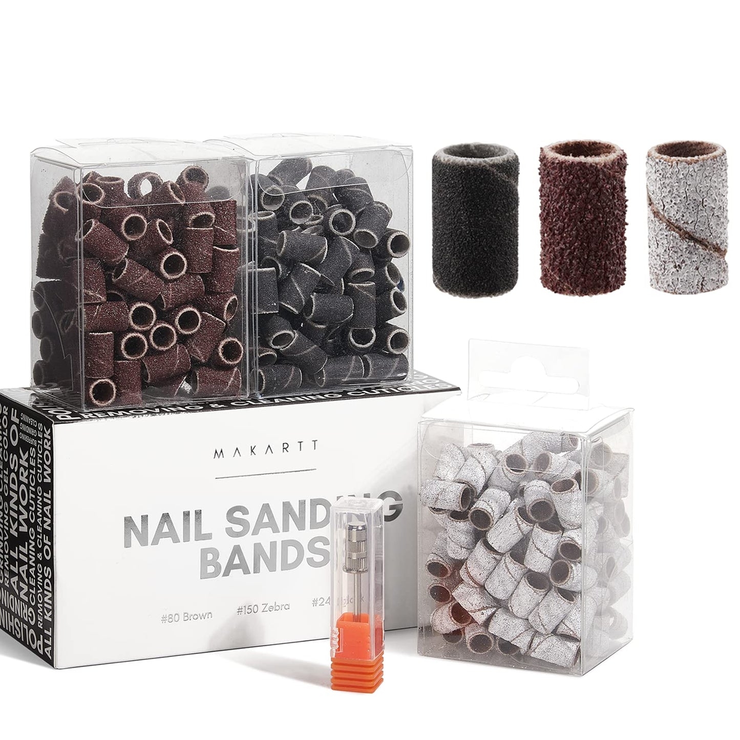 Makartt Nail Drill Bits Sanding Bands - for Nail Drill #80#150#240 Grits 300Pcs File Sanding Bands Zebra Brown Professional Bits Set for Acrylic Nails