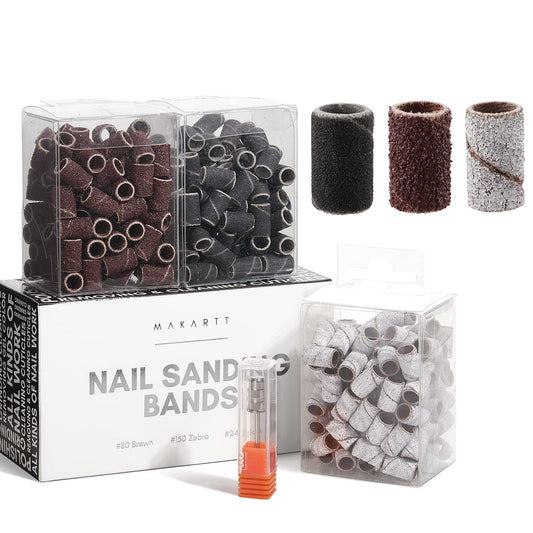 Makartt Nail Drill Bits Sanding Bands - for Nail Drill #80#150#240 Grits 300Pcs File Sanding Bands Zebra Brown Professional Bits Set for Acrylic Nails