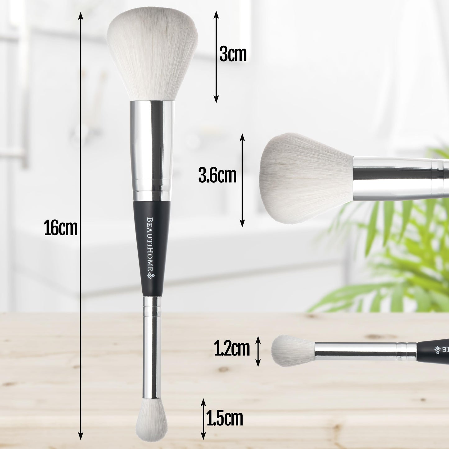 BeautiHome Makeup Brush -2-in1 Eye Blending & Powder Brush - Double-Ended Make Up Applicator Tool for Eyeshadow - vegan, white