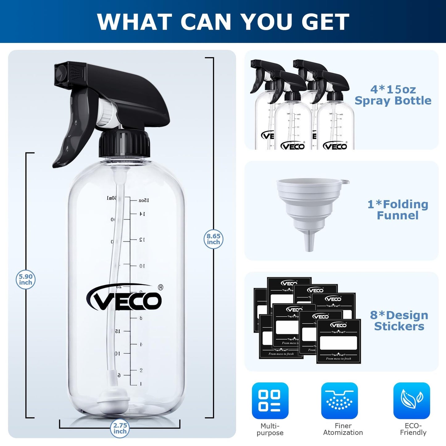 Veco 15oz Graduated Spray Bottles, 4-Pack - 360° Any-Angle Spraying for Easy Dilution, Leak-Resistant spray bottles for Cleaning, Plants, Hair & Pet Beauty and Personal Care Veco