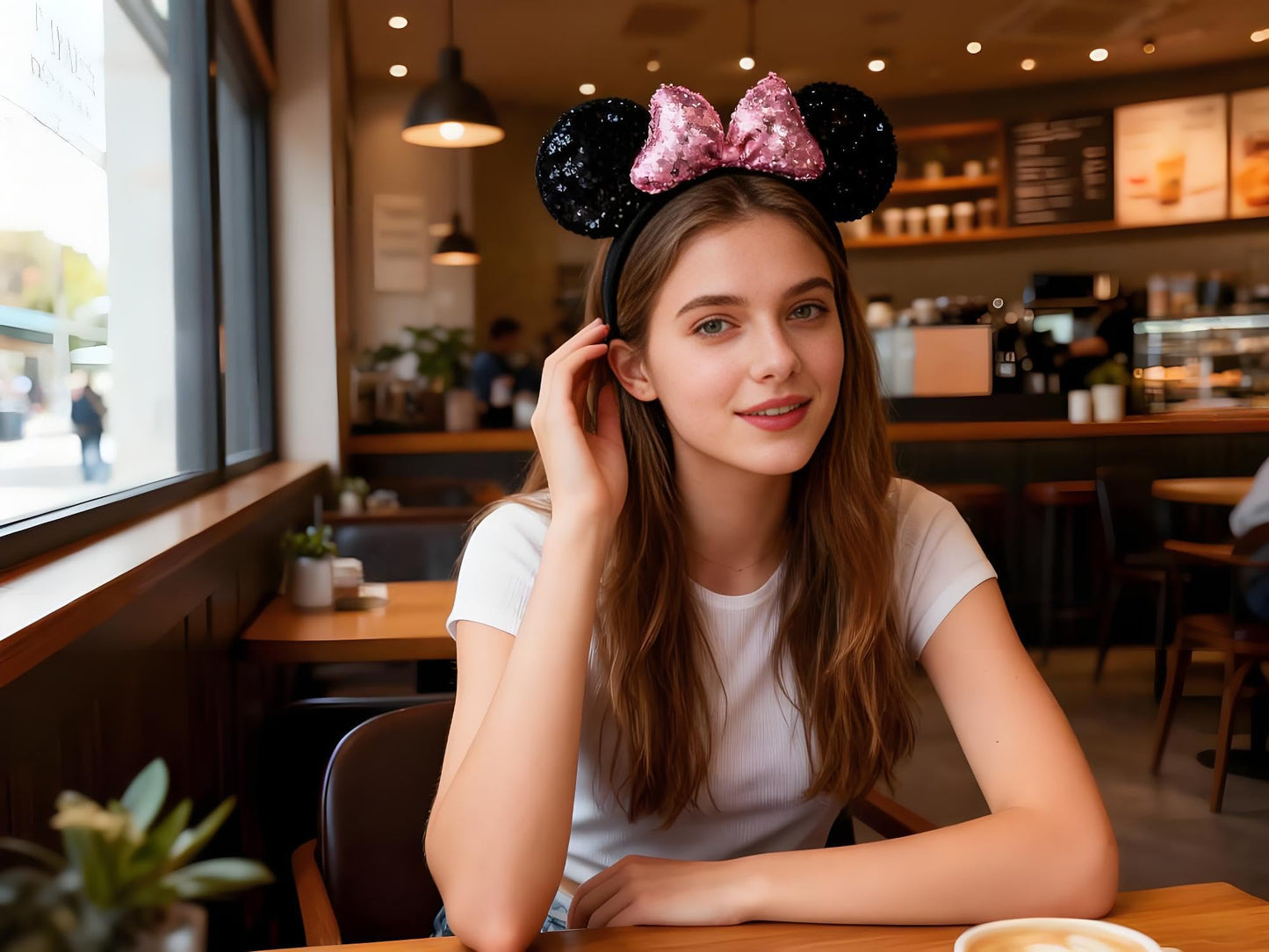 A Miaow 3D Black Mouse Sequin Ears Headband MM Glitter Butterfly Hair Clasp Park Supply Adults Women Photo Accessory (Black and Pink)
