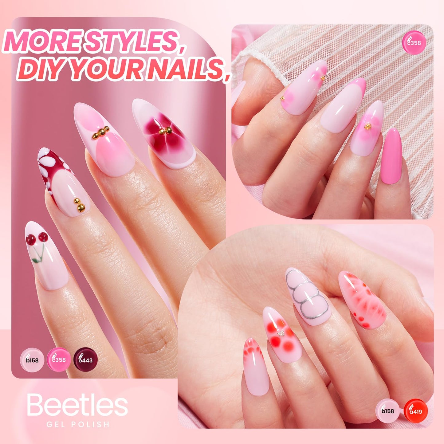 Beetles Blooming Gel Nail Polish Set, 6 Colors Red Pink Wine Jelly Gel Polish Kit, Cupid’s Crush Soak Off UV Gel for Aura Ombre Marble Nail Art DIY Beauty and Personal Care beetles Gel Polish