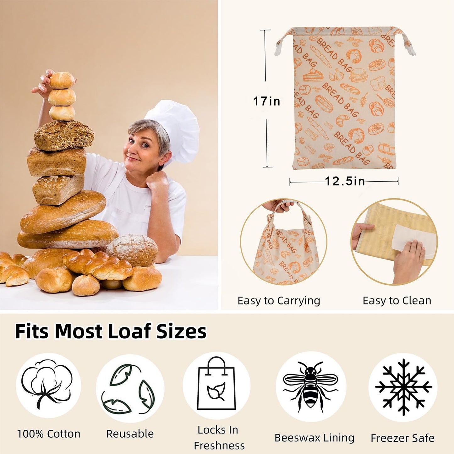 GDDAY Beeswax Bread Bags for Homemade Bread,Reusable Beeswax Bags for Sourdough,Cotton Linen Food Storage Bag to Keep Fresh - Extra Large 2 Pack