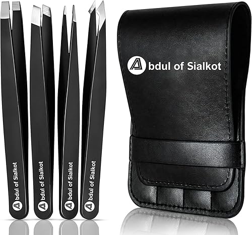 Abdul of Sialkot Eyebrow Tweezer Set for Women & Men - Professional Slant and Pointed Tweezers Set with Case - Precision Tweezers Kit for Facial Hair